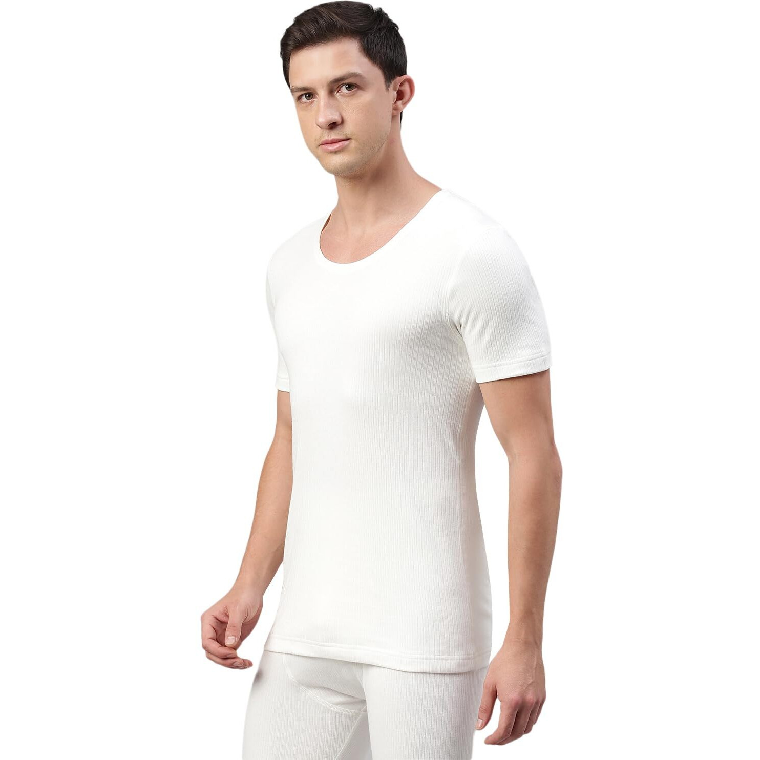 Van Heusen Men Thermal Skinny Fit Top-Cotton Viscose Blend-Anti Bacterial, Low Neck, Short Sleeve_71001_Ivory_M