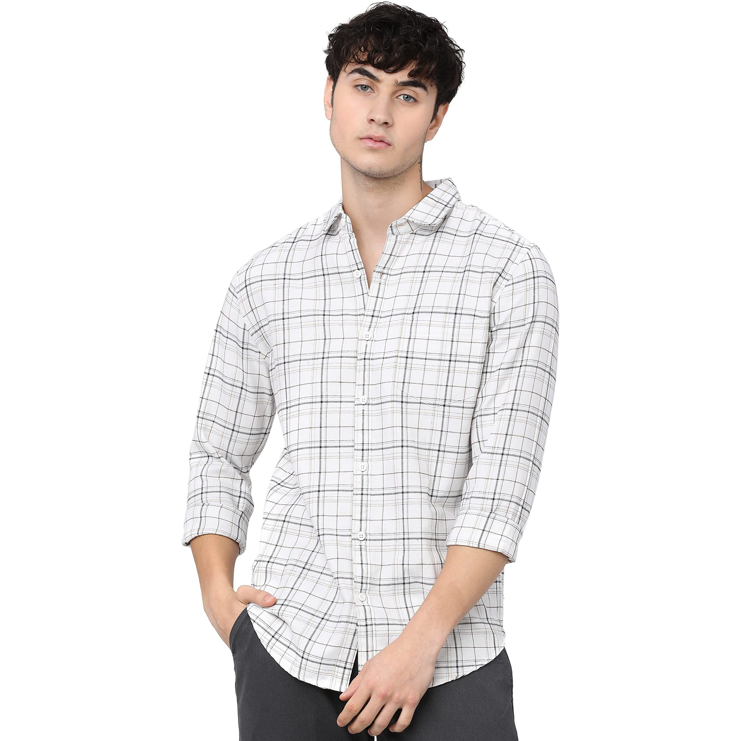 KETCH Men's Letter Print Straight Fit Regular Fit Shirt (Khsh000333_White/Beige M)