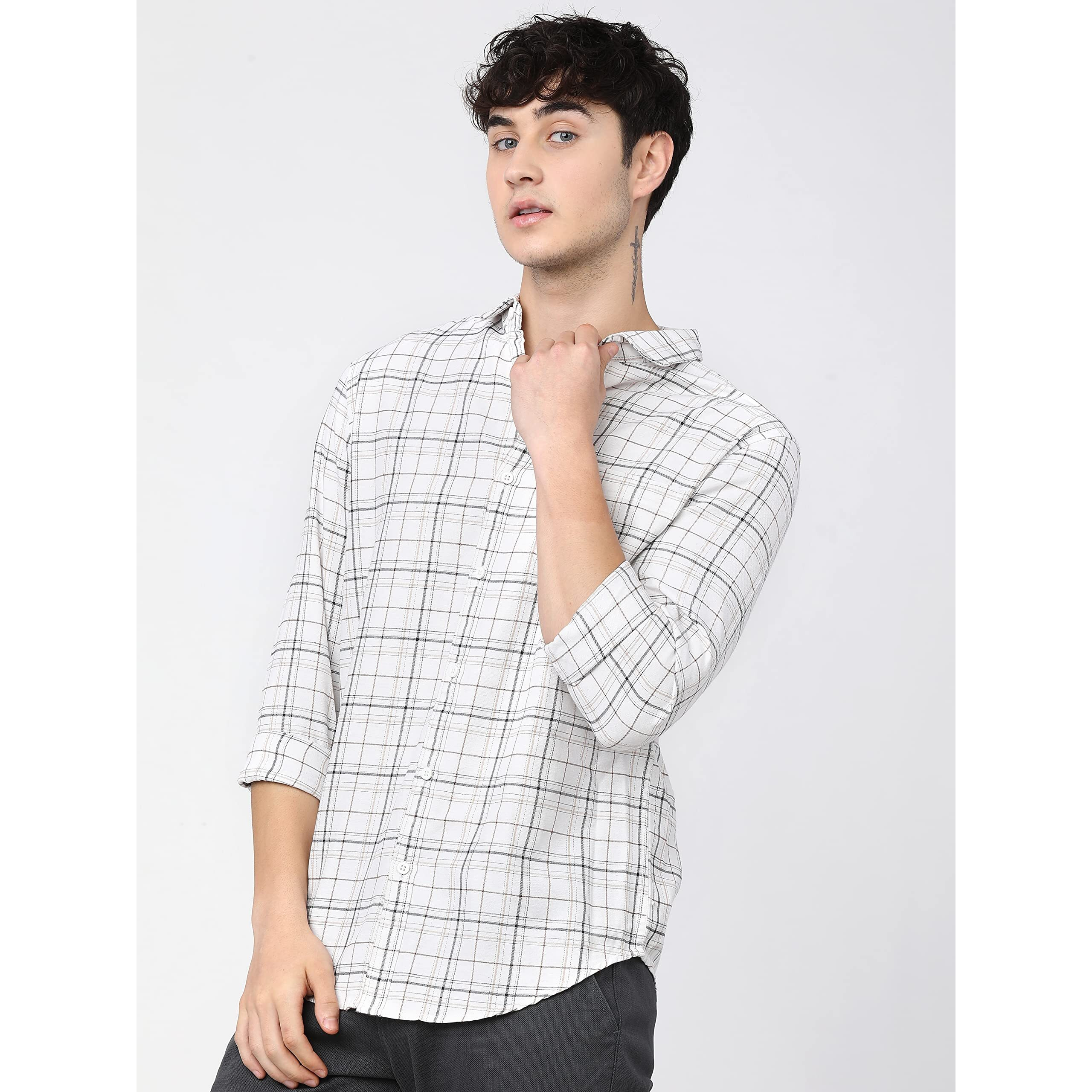 KETCH Men's Letter Print Straight Fit Regular Fit Shirt (Khsh000333_White/Beige M)