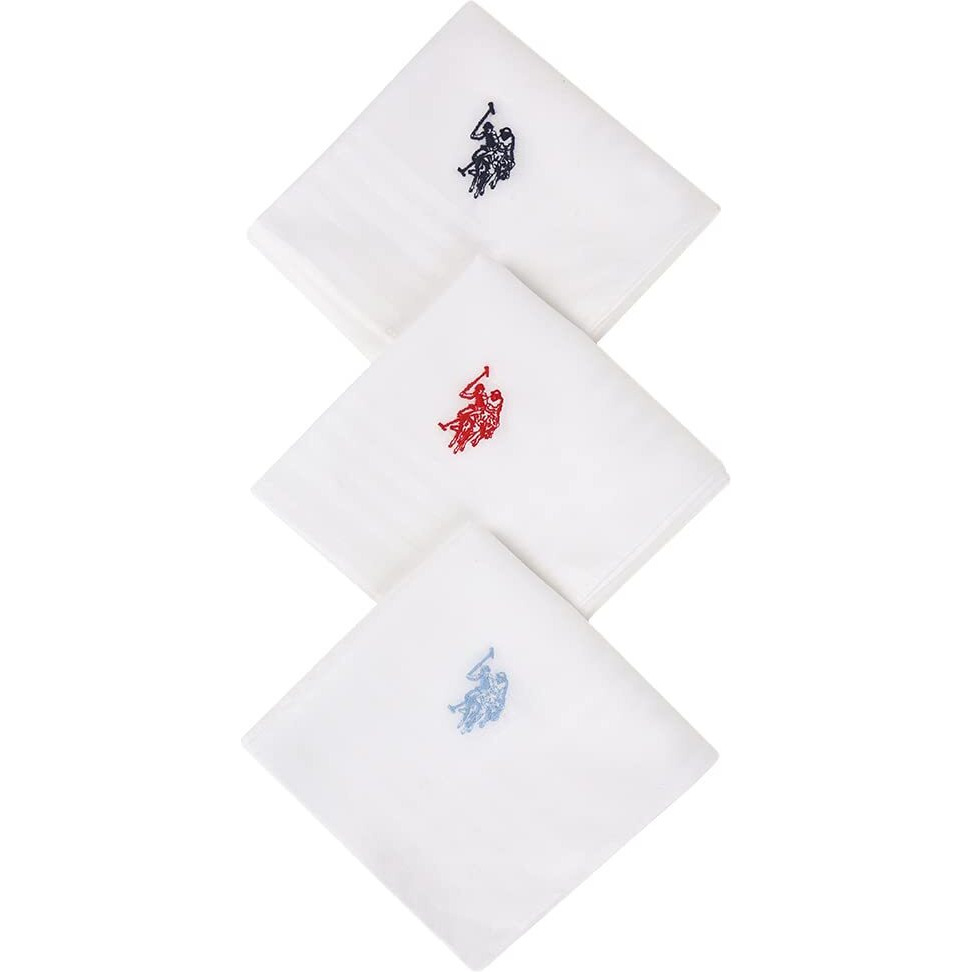 U.S. POLO ASSN. Men Pure Cotton Brand Logo Casual Style Handkerchief - Pack Of 3, White