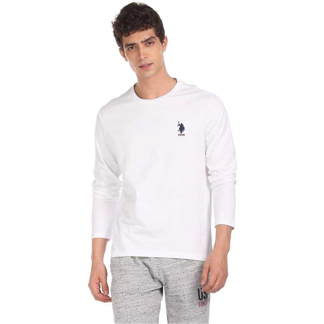 U.S. POLO ASSN. Men Pure Cotton Long Sleeve Solid I693 Regular Fit T-Shirt - Pack of 1 (White M)