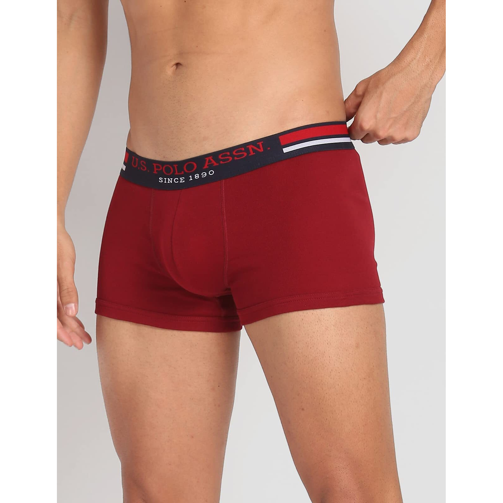 U.S. Polo Assn. Mens Antibacterial Branded Waist I641 Cotton Trunks - Pack Of 2 (WINE/BLACK M)