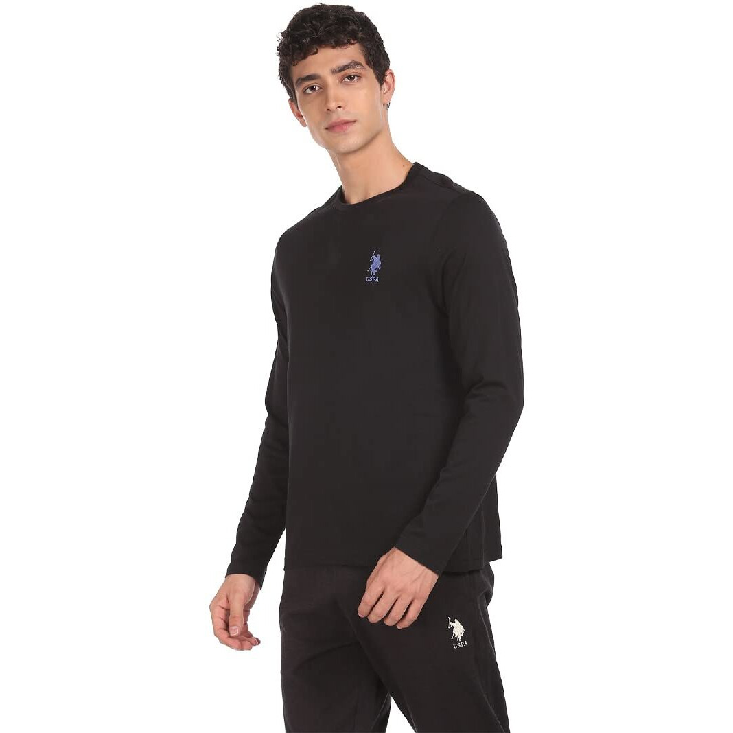 U.S. POLO ASSN. Men Pure Cotton Long Sleeve Solid I693 Regular Fit T-Shirt - Pack of 1 (Black M)