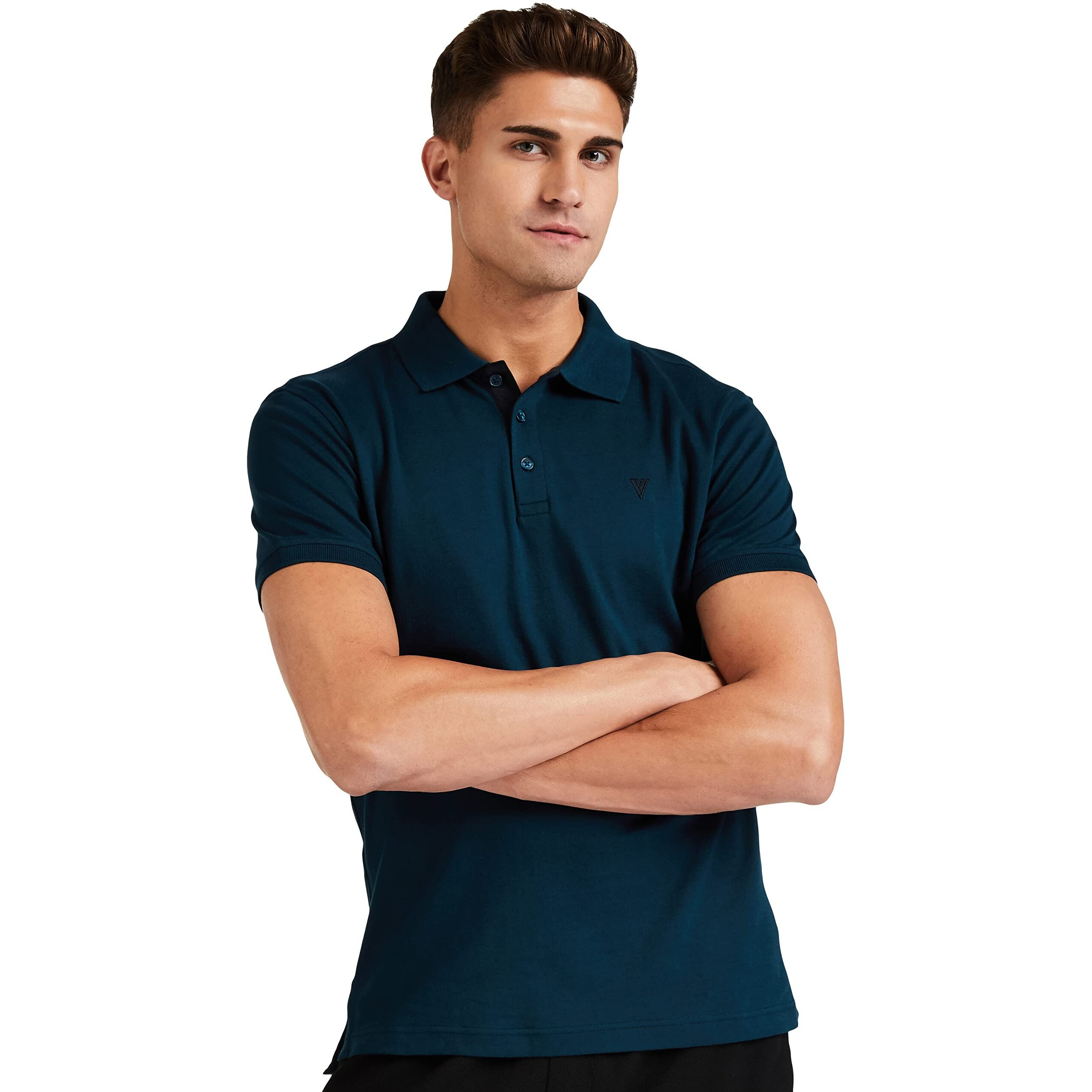 Van Heusen Men Athleisure Ultra Soft Polo Regular Fit T-Shirt-Short Sleeve, Textured_60033_Deep Sea_M, Blue