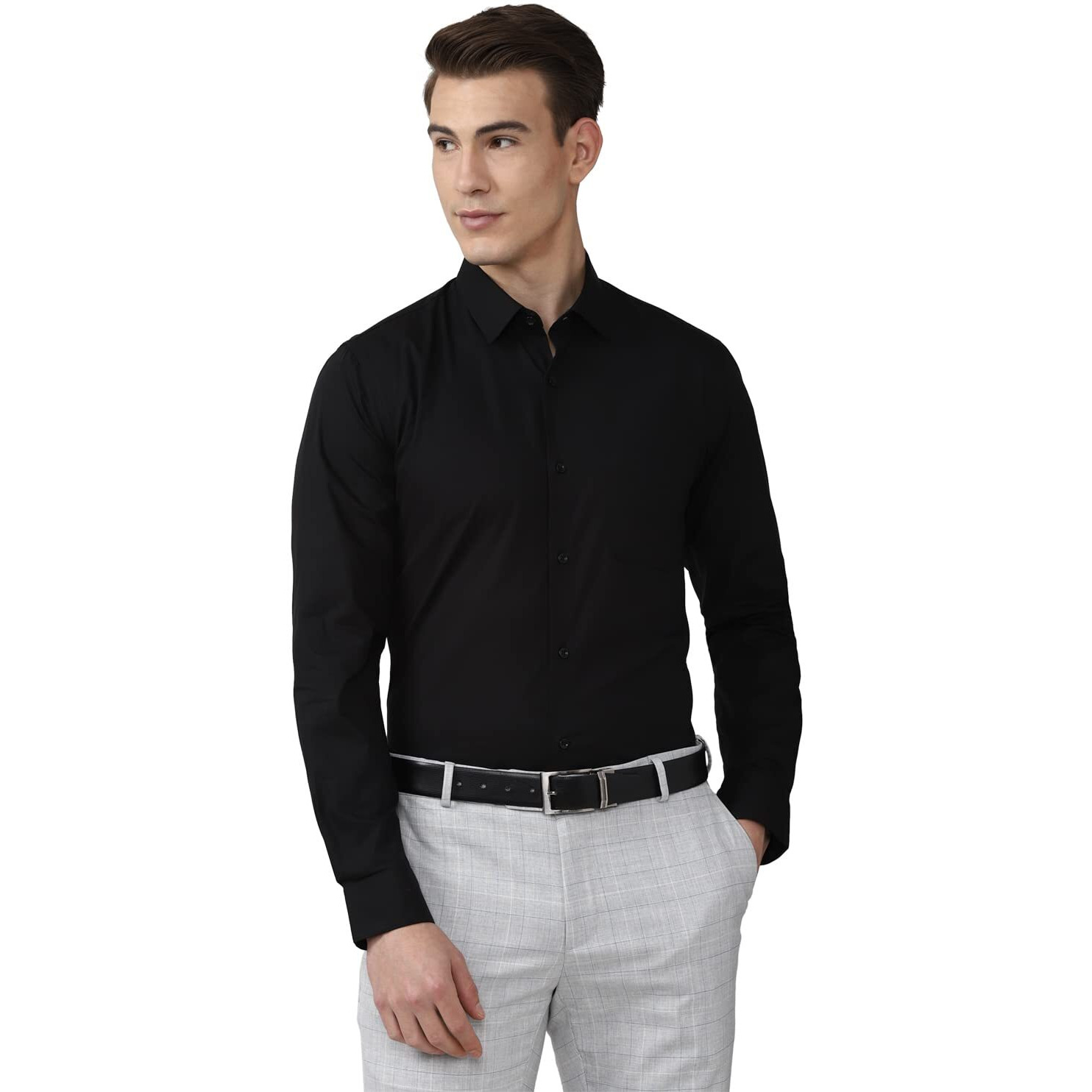 Peter England Men's Solid Slim Fit Shirt (PESFMSLB003086_Black 40)