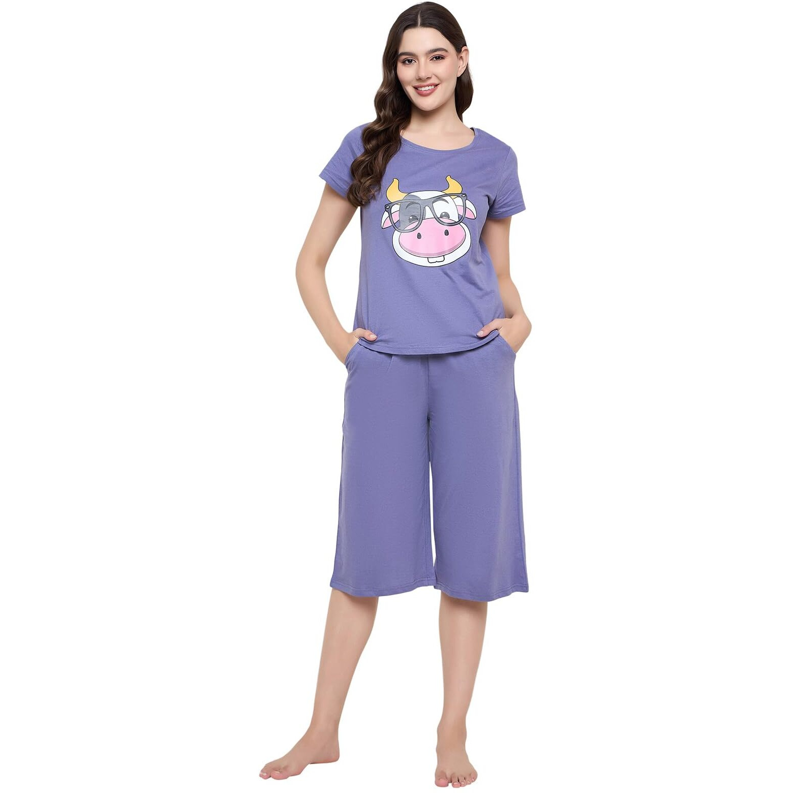 Clovia Night Suits for Women, Night Dresses for Women, Capri Night Suit for Women, Women Night Suit Set, Night Wear for Women, Lounge Wear Set for Women - Top & Capri Set (Blue - Graphic, M)