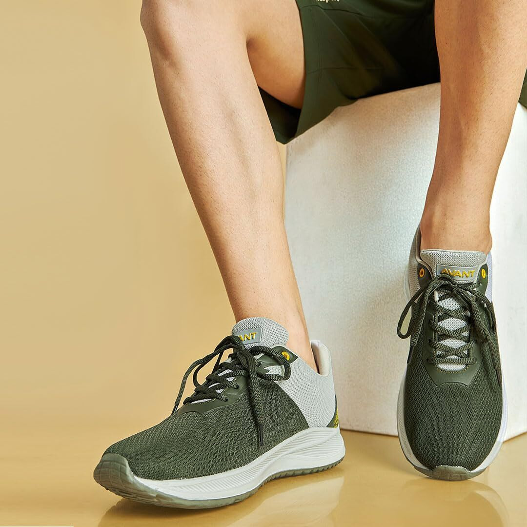 AVANT Men's Racer Running & Training Shoes|100% Pure Rubber Outsole|Natural Rubber EVA Insole|Breathable Knitted Upper Mesh|Enhanced Grip for Low Abrasion - Olive/L.Grey, UK9