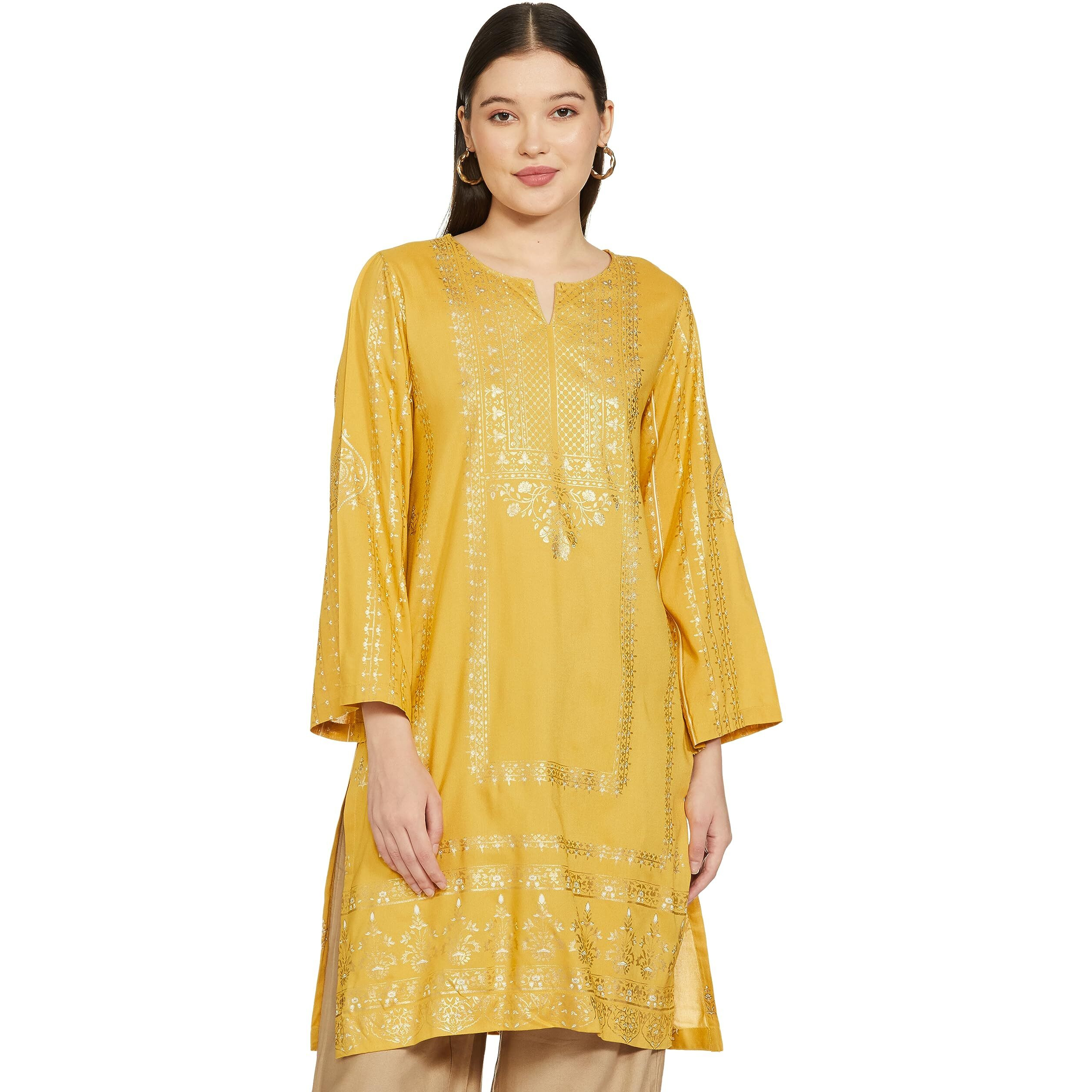 BIBA Women Printed Straight Mix and Match(Festive KURTA19391E_Yellow_36)