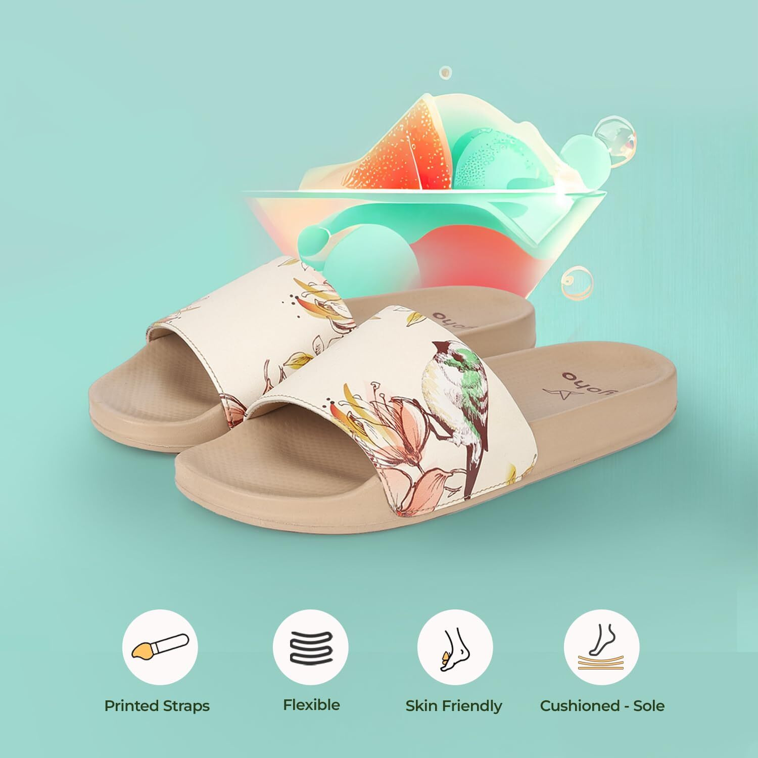 YOHO Tropica Printed Comfortable Women Slides | Stylish & Waterproof | Soft Inner Lining On Strap