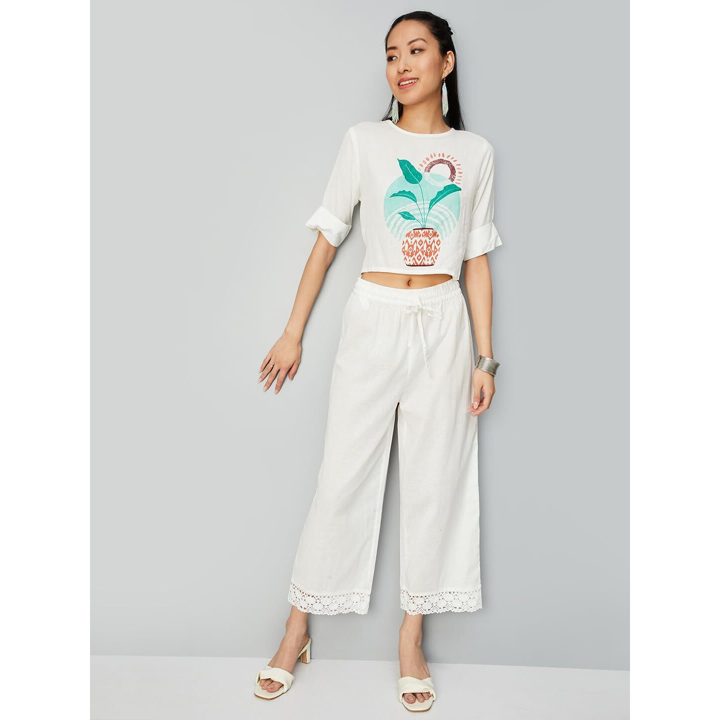 Max Women Lace Hem Loose Palazzos (Nooscwplcroff White)_X-Large