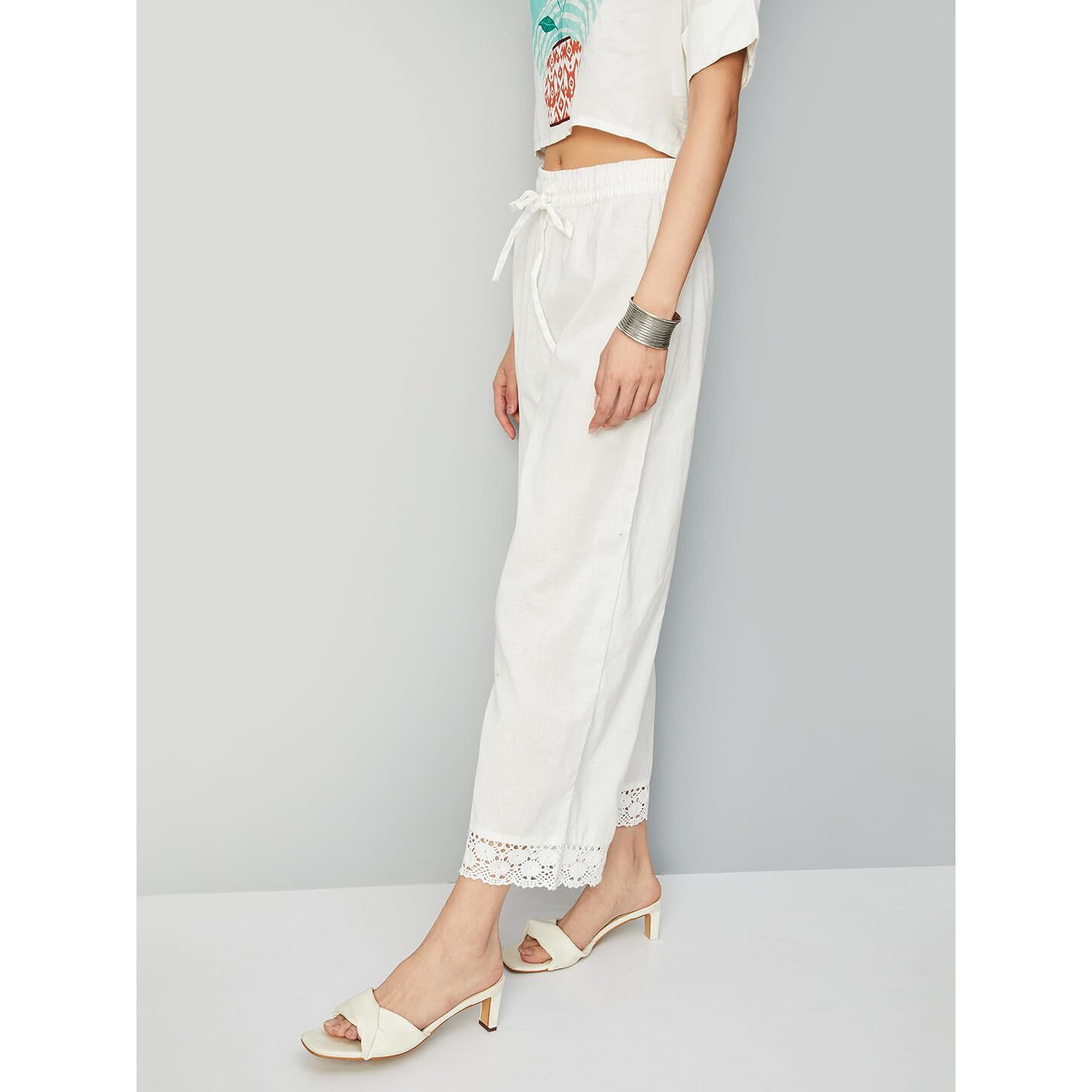 Max Women Lace Hem Loose Palazzos (Nooscwplcroff White)_X-Large