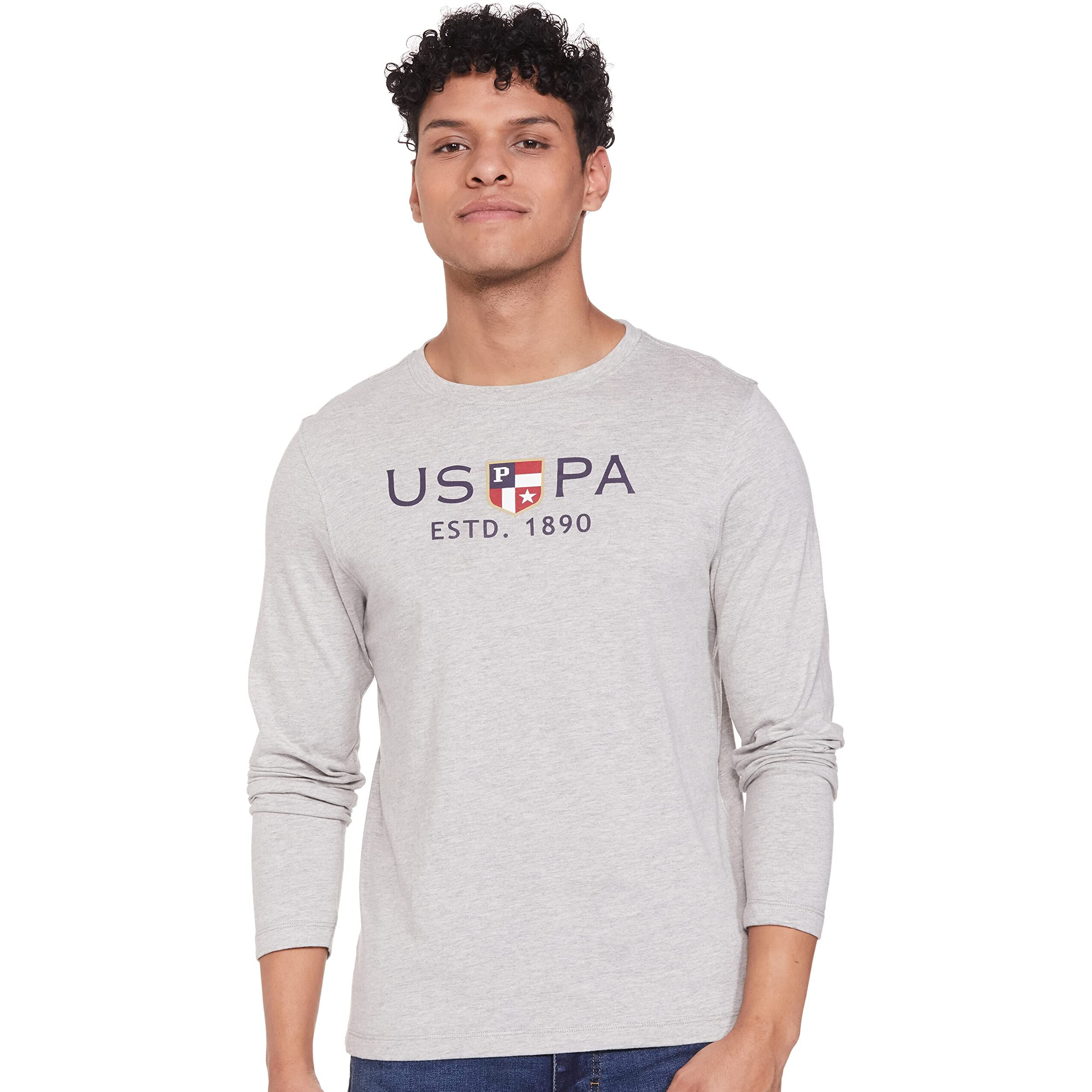 U.S. POLO ASSN. Men Full Sleeve Round Neck Regular Fit T Shirts, L (Ustshs1388_Grey_L)