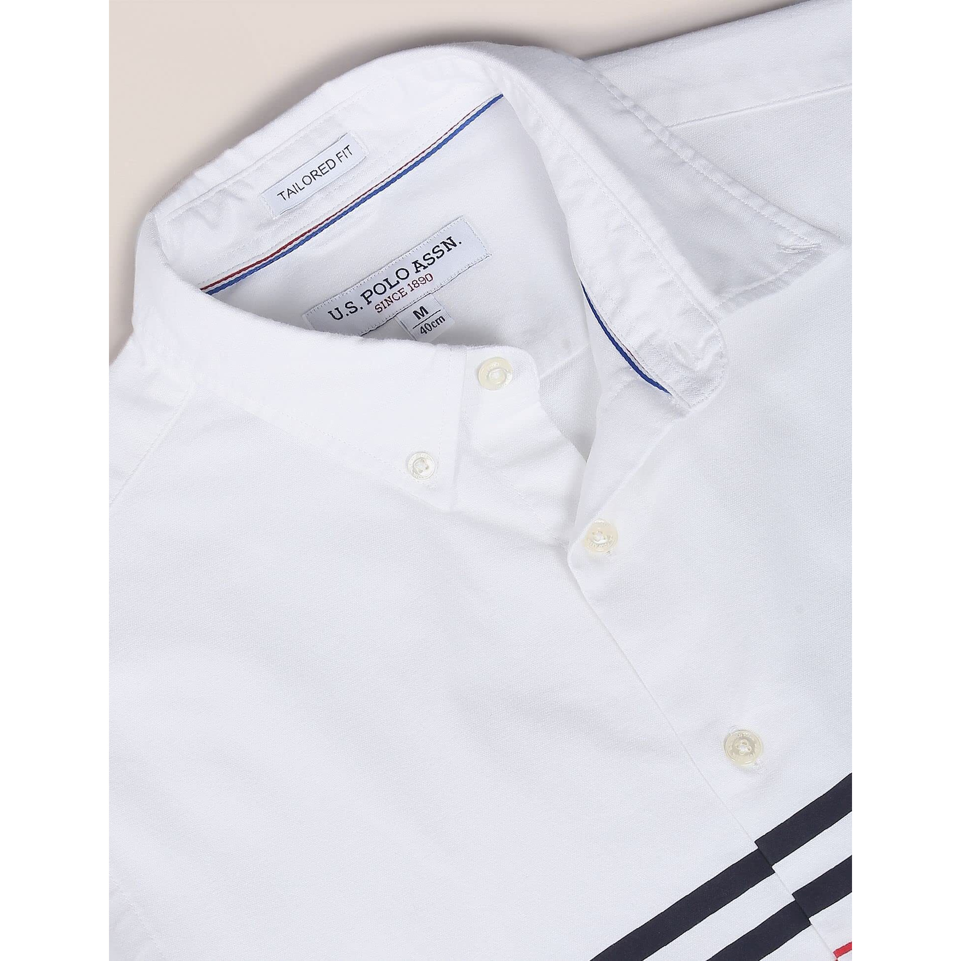 U.S. POLO ASSN. Mens Printed Engg Stripe FS Shirts (USSHTFX0027_White_L)