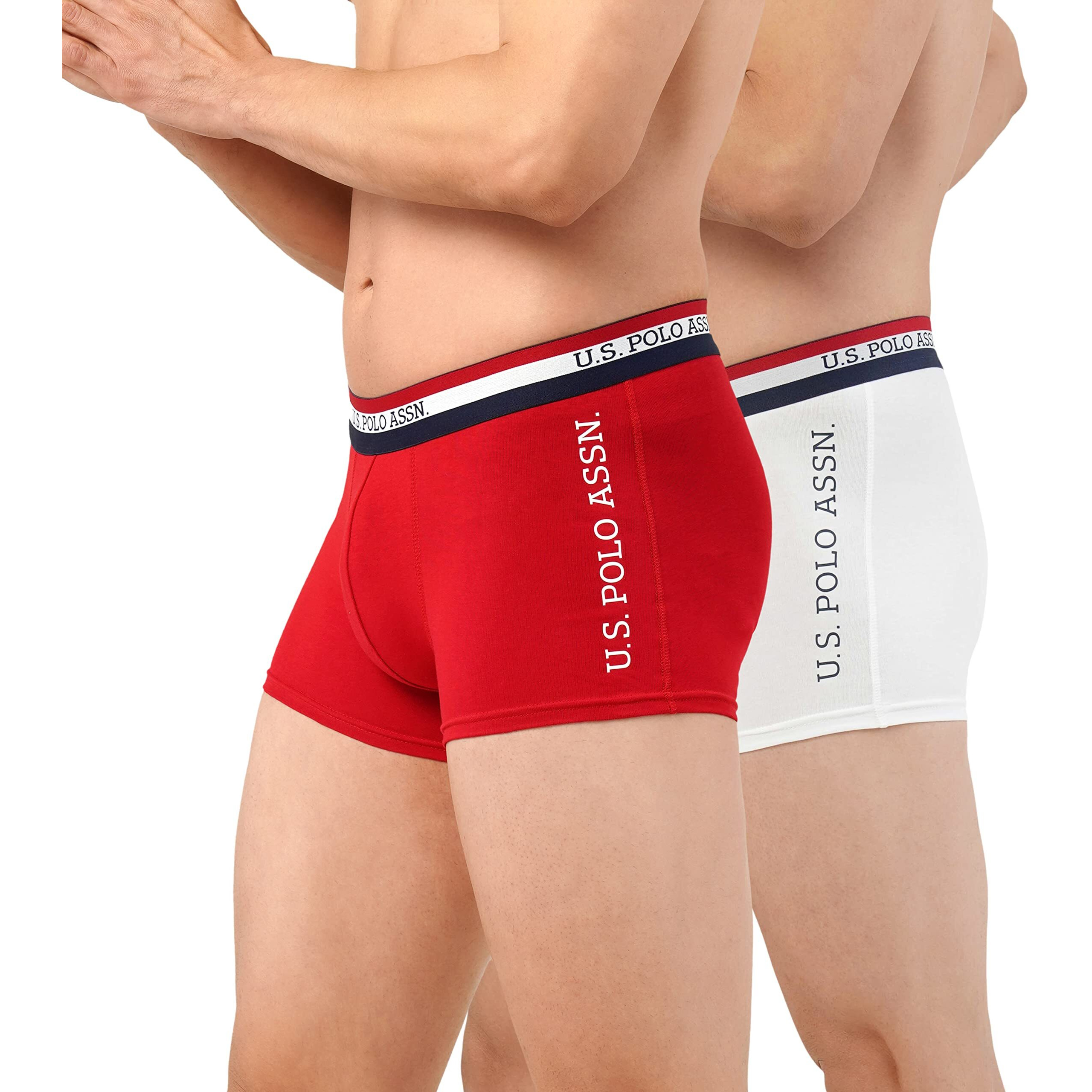 U.S. POLO ASSN. Men Cotton Blend Striped Waistband Antibacterial Et002 Trunks-Pack of 2 (Red/White M)