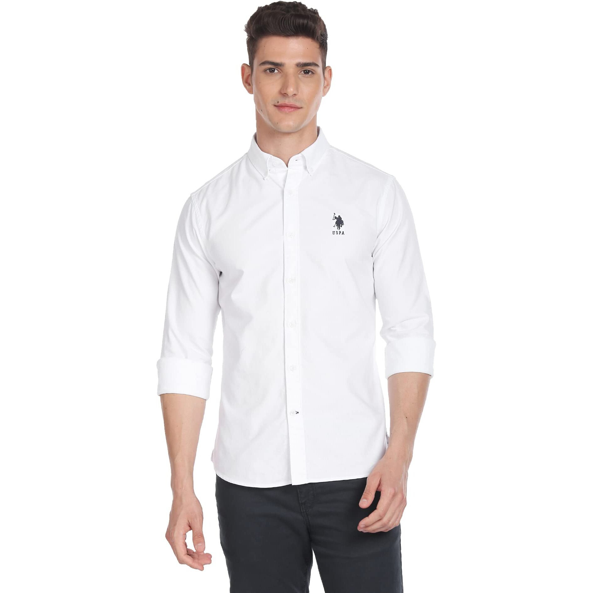U.S. POLO ASSN. Mens Solid Fs Slim Fit Shirts (Usshtfx0104_White_M)