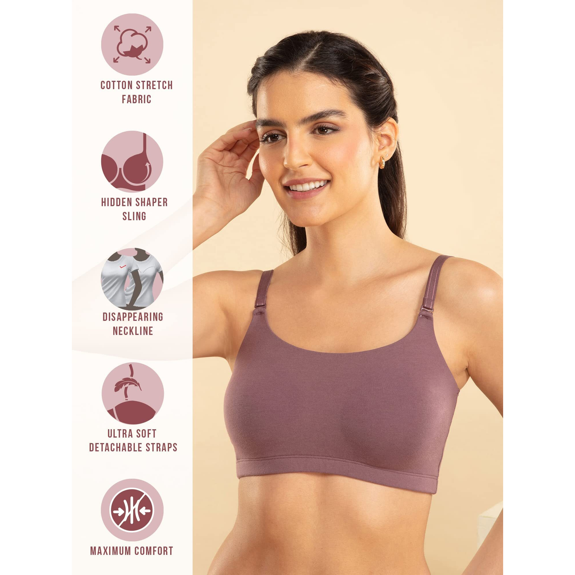 NYKD Women's Cotton Wire Free Casual Bralette T-Shirt Bra Bra, NYB165, Flint, L, 1N