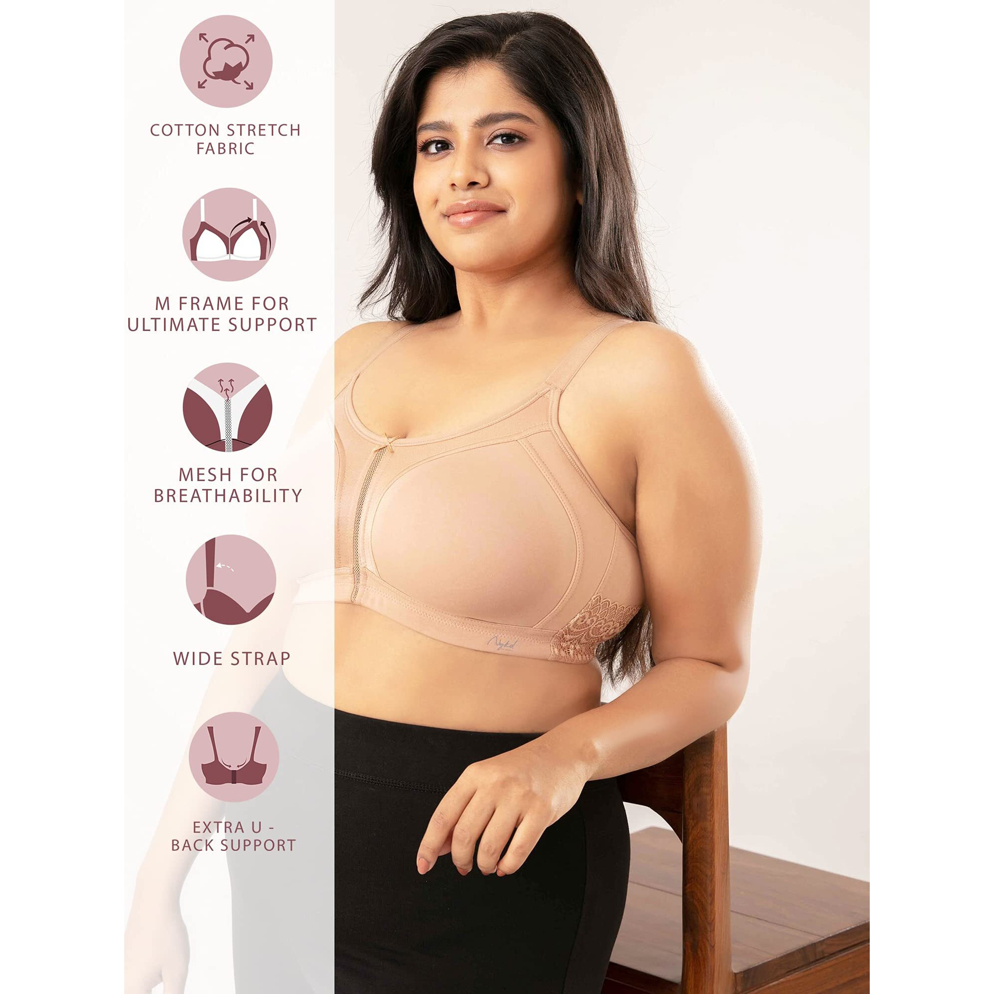 NYKD by Nykaa Womens Full Support M-Frame Heavy Bust Everyday Cotton Bra | Non-Padded | Wireless | Full Coverage| Bra, NYB101, Sand, 36D, 1N