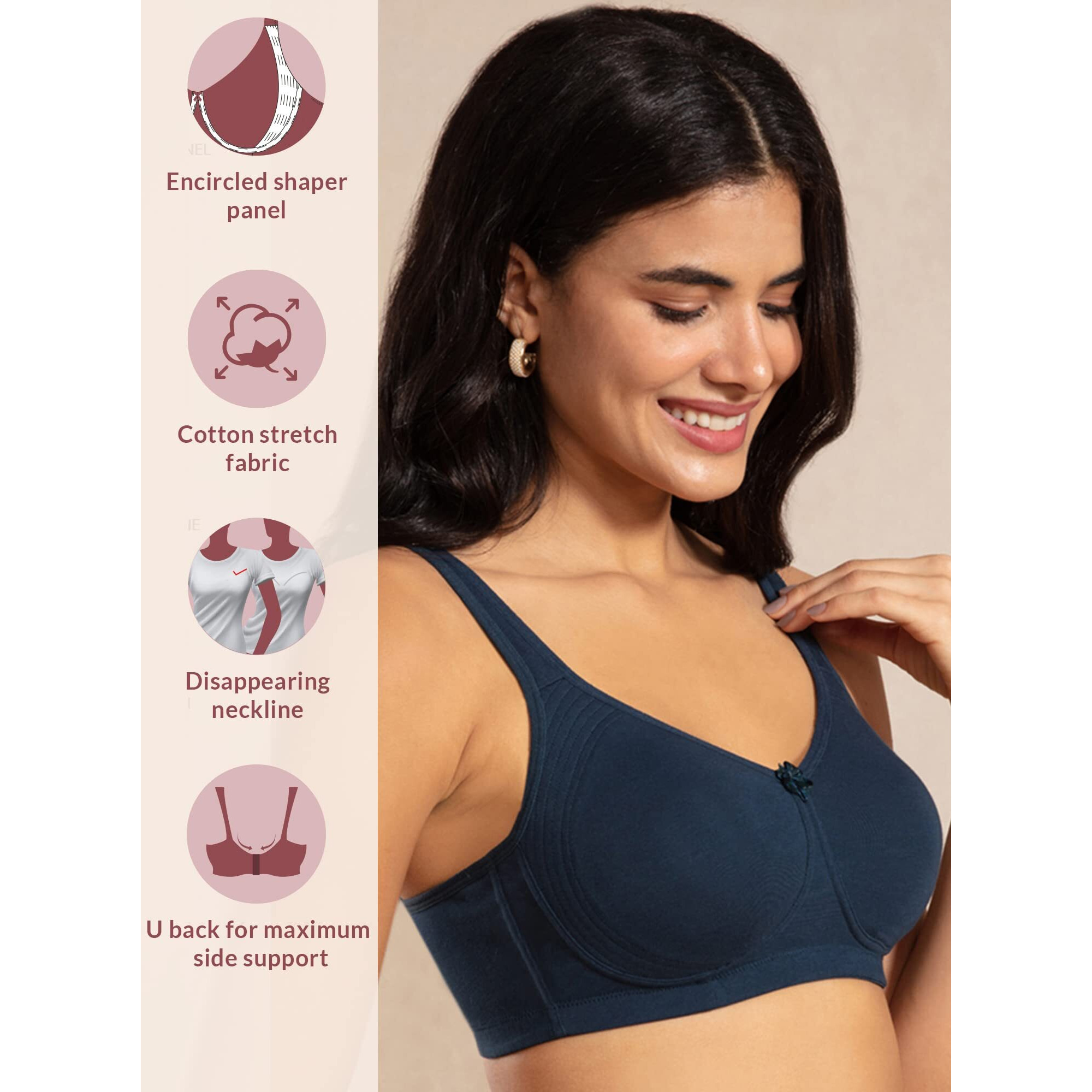 NYKD Everyday Cotton Bra for Women - Encircled with Love | Non-Padded | Wirefree | Full Coverage with Side Support Shaper (NYB169) Dark Blue, 34DD, 1N