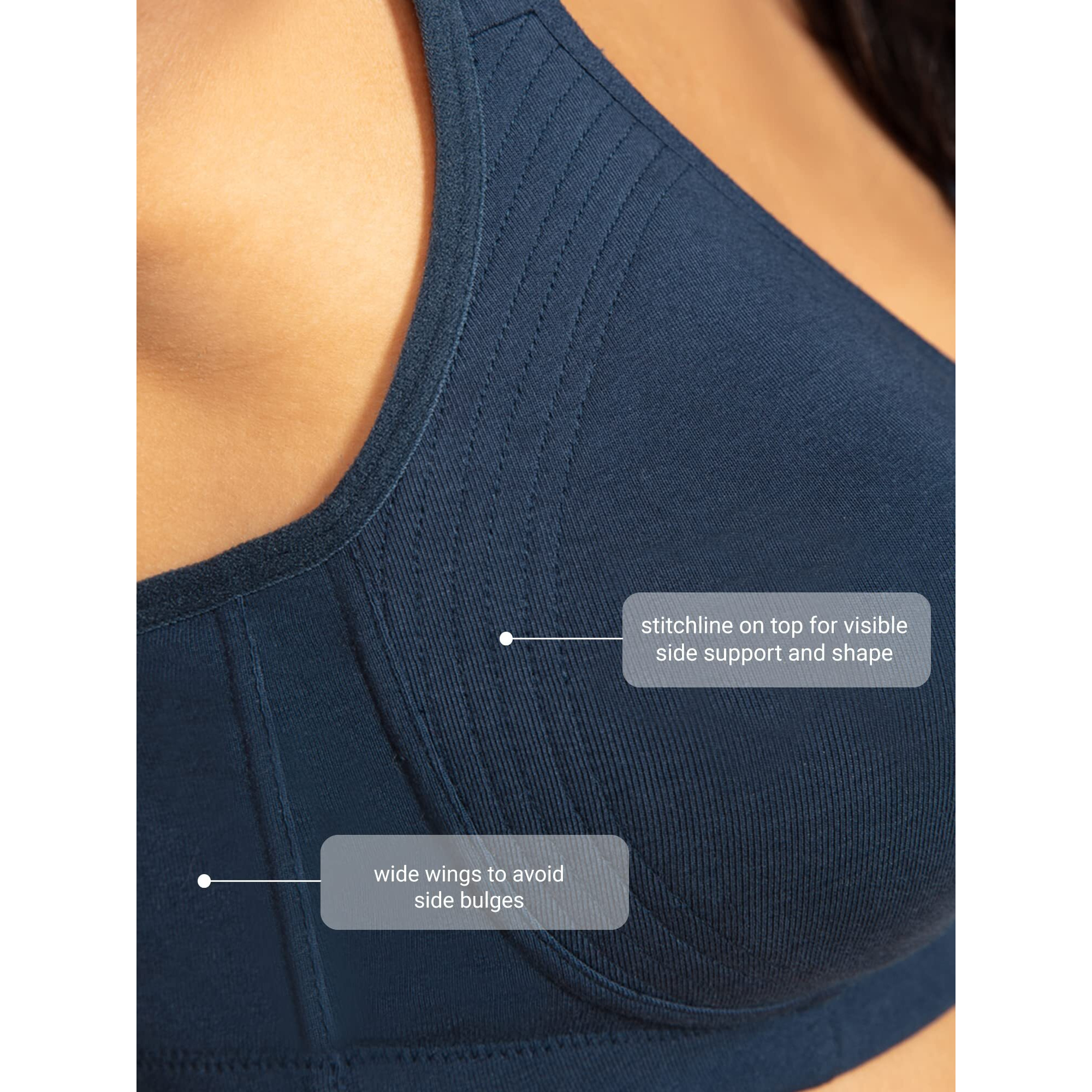 NYKD Everyday Cotton Bra for Women - Encircled with Love | Non-Padded | Wirefree | Full Coverage with Side Support Shaper (NYB169) Dark Blue, 34DD, 1N