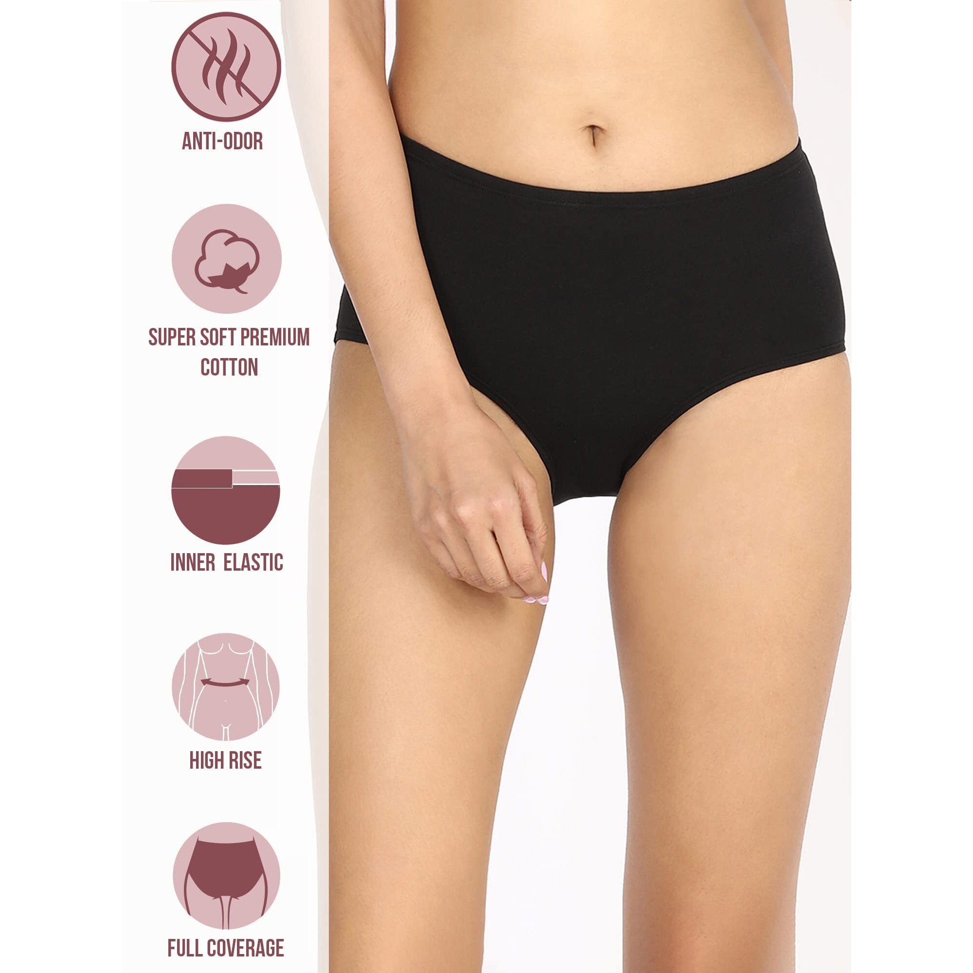 NYKD Cotton Anti-Microbial Panties for Women, Seamless, High Rise, Full Brief, Stretch Full Rear Coverage with Inner Elastic Panty (Combo Pack of 3) Full Brief, NYP104, Black,Nude,Black, XL, 1N