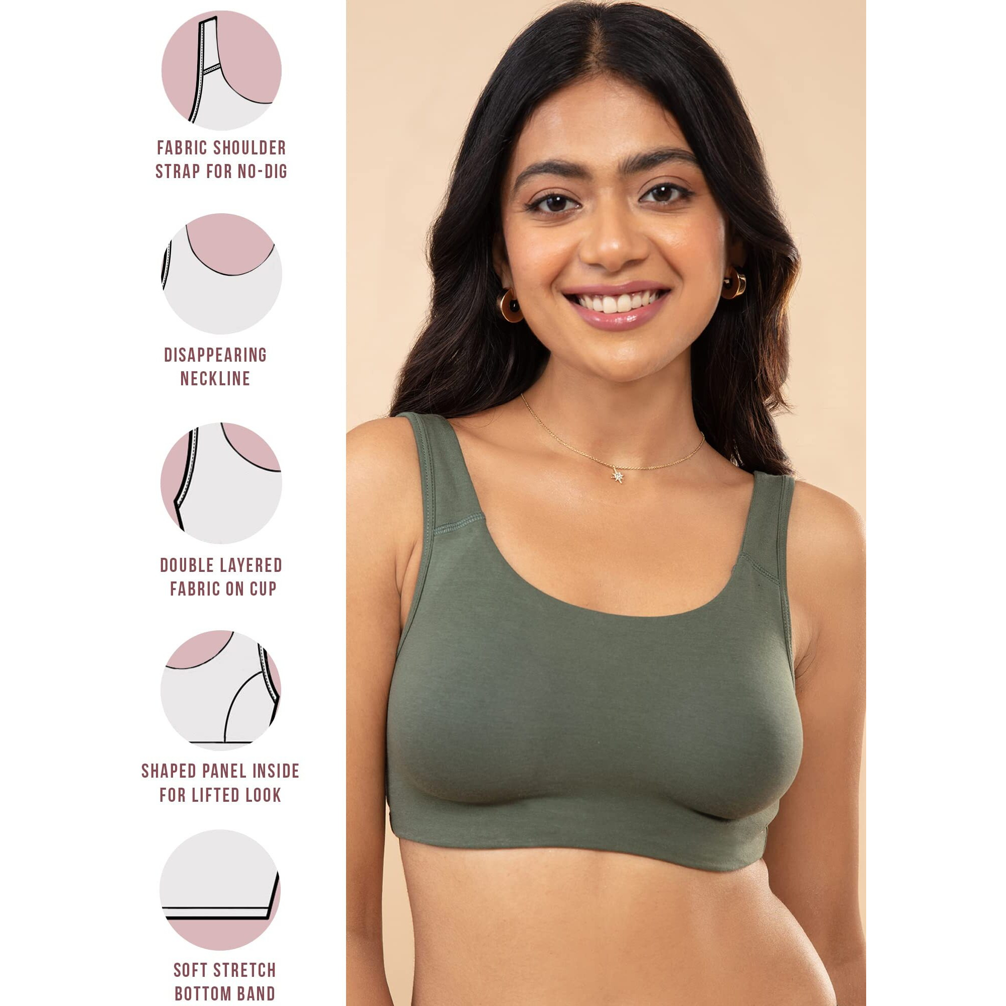 NYKD Soft Cup Easy Peasy Slip On Everyday Bra for Women, Wireless, Full Coverage, Support Shaper, Non Padded Sports Bra Bra, NYB113, Green, XL, 1N