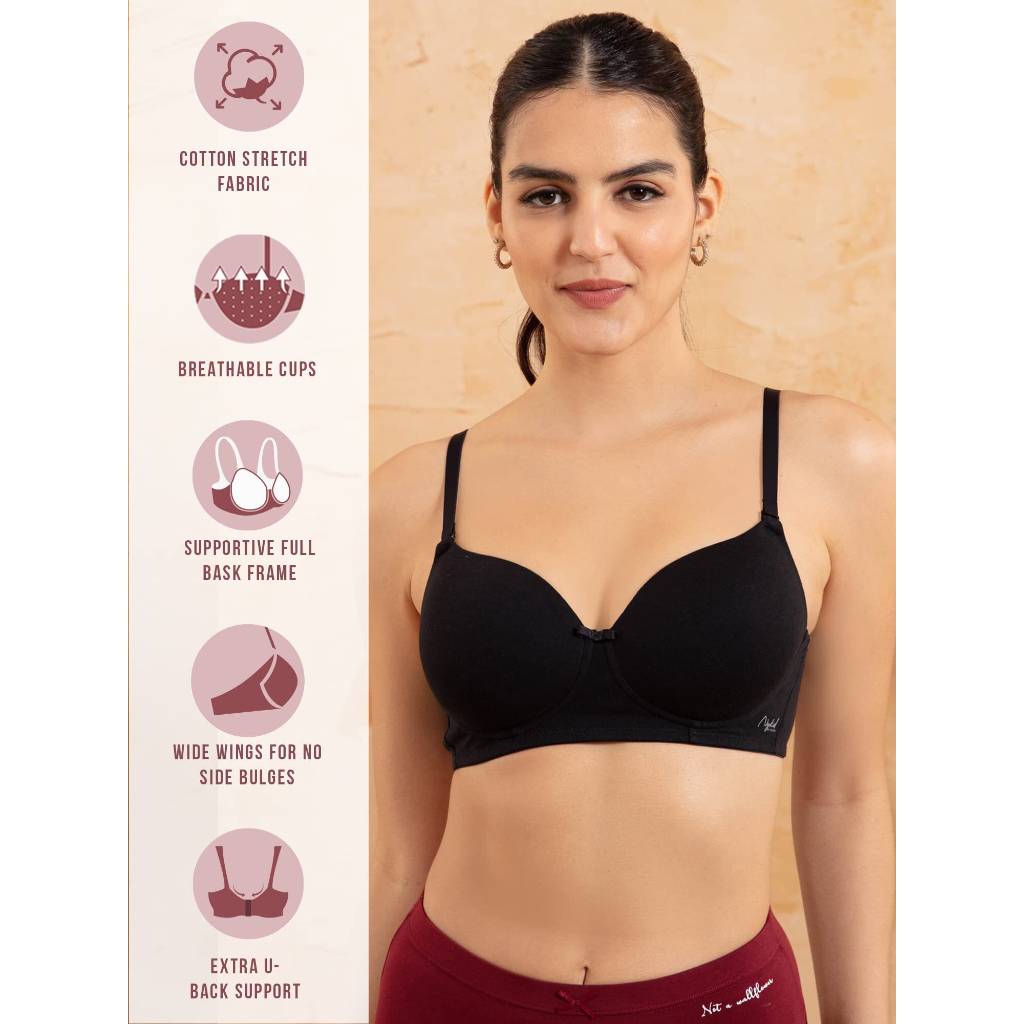 NYKD by Nykaa Breathe Cotton All Day Comfort Padded Non Wired T-Shirt Bra Nyb198 Black (32B)