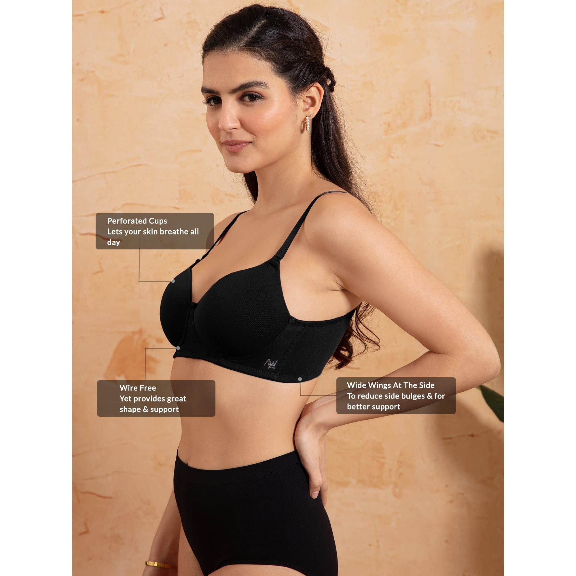 NYKD by Nykaa Breathe Cotton All Day Comfort Padded Non Wired T-Shirt Bra Nyb198 Black (32B)