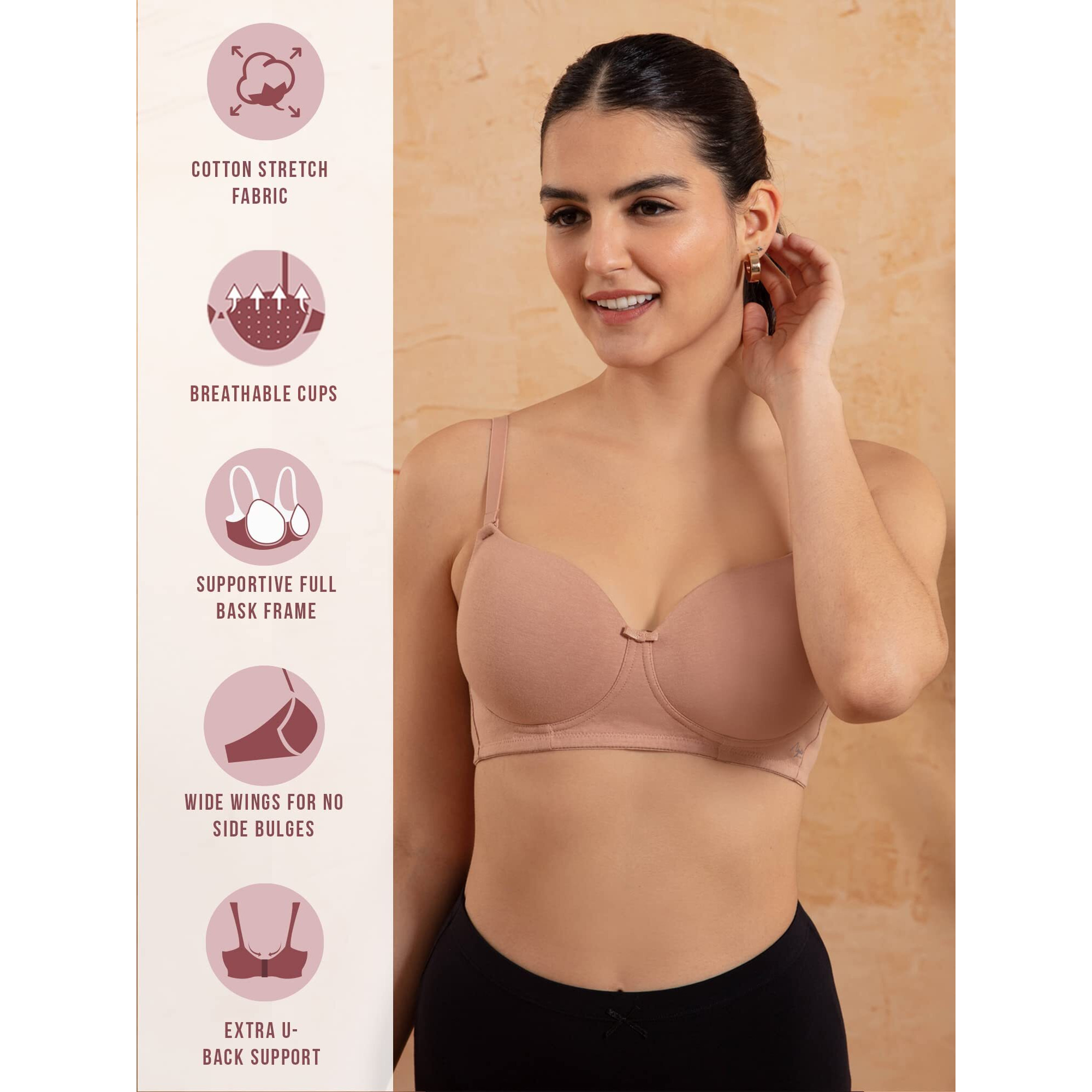 NYKD by Nykaa Breathe Cotton All Day Comfort Padded Non Wired T-Shirt Bra Nyb198 Dark Skin (32B)