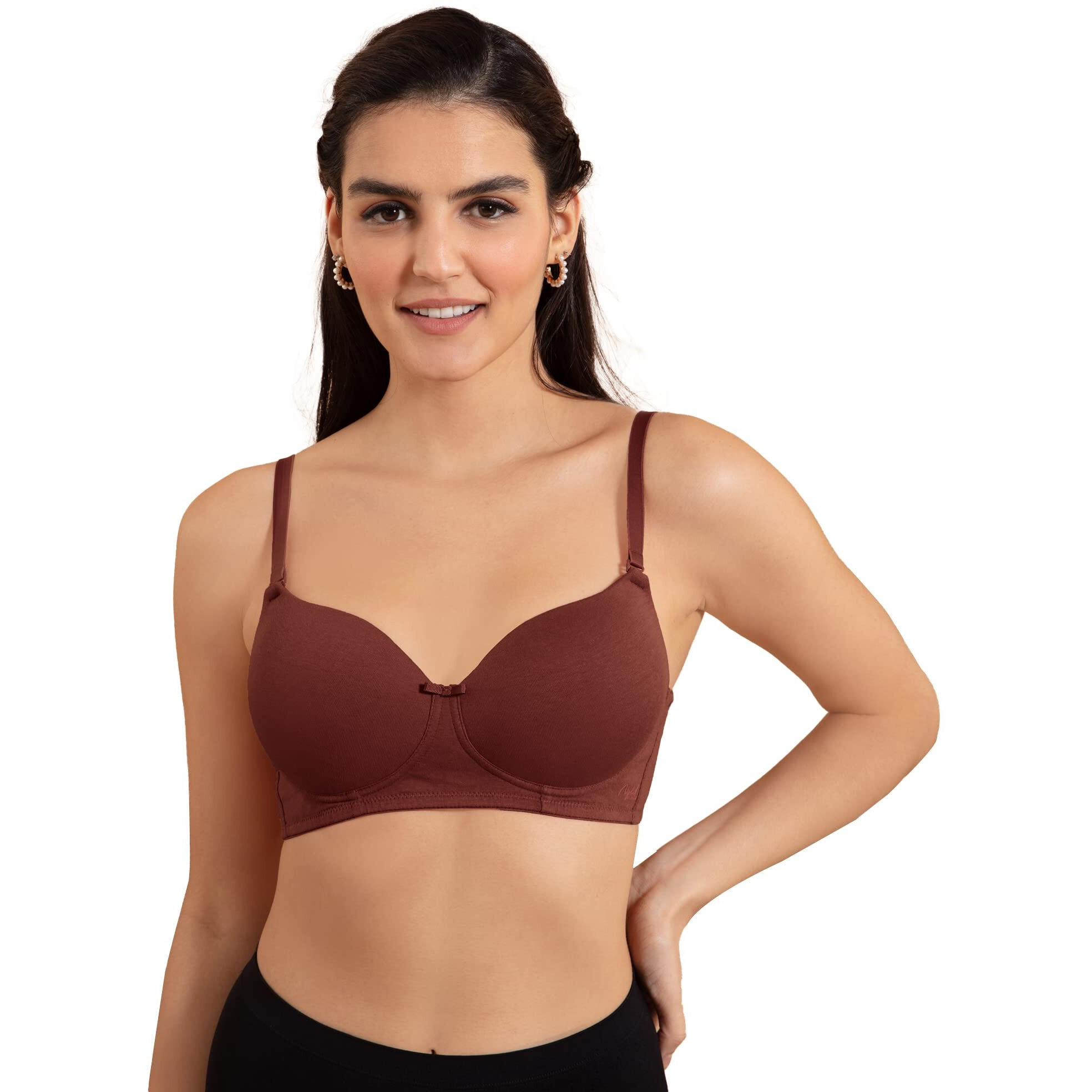 NYKD by Nykaa Breathe Cotton All Day Comfort Padded Non Wired T-Shirt Bra Nyb198 Brick (34C) Brown