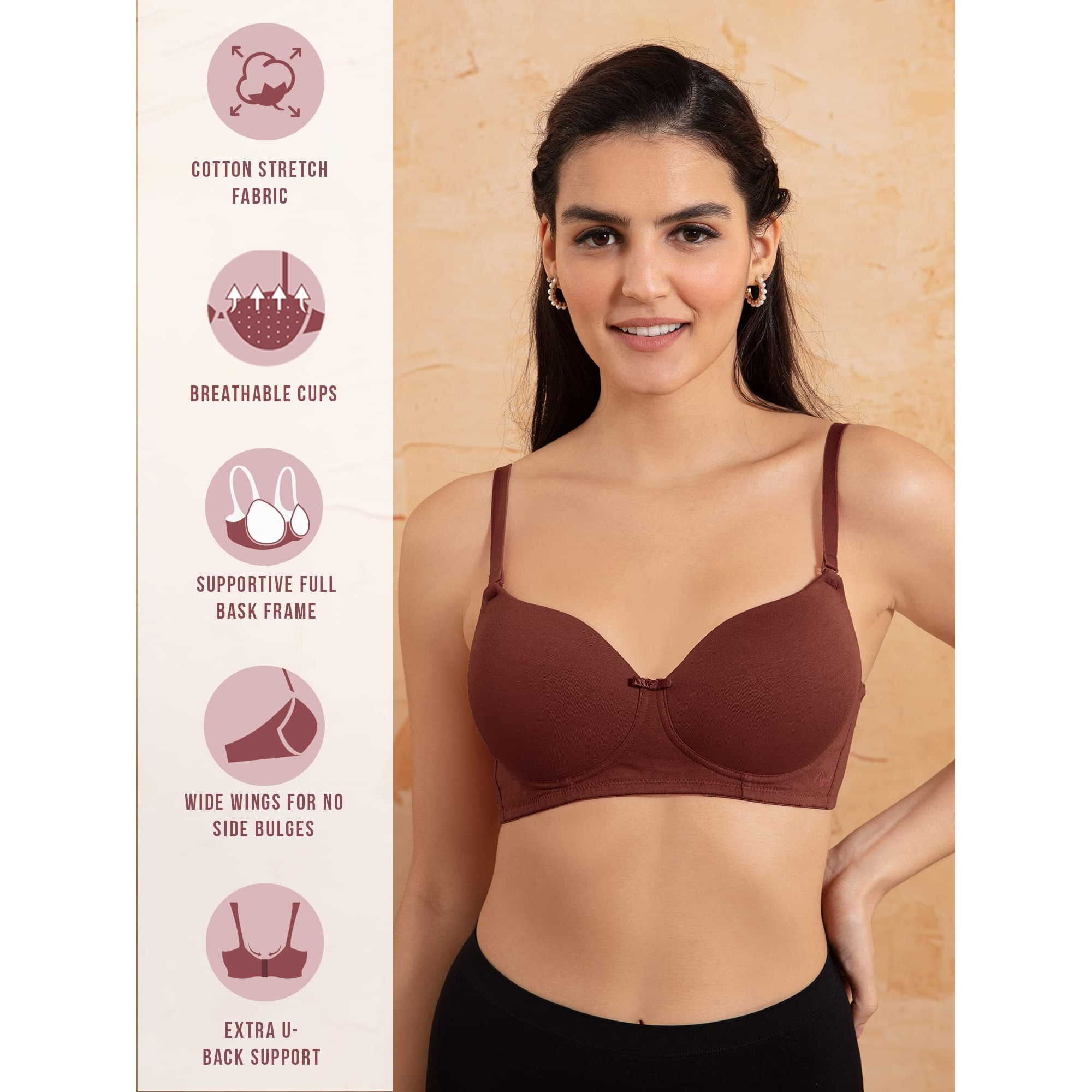 NYKD by Nykaa Breathe Cotton All Day Comfort Padded Non Wired T-Shirt Bra Nyb198 Brick (34C) Brown
