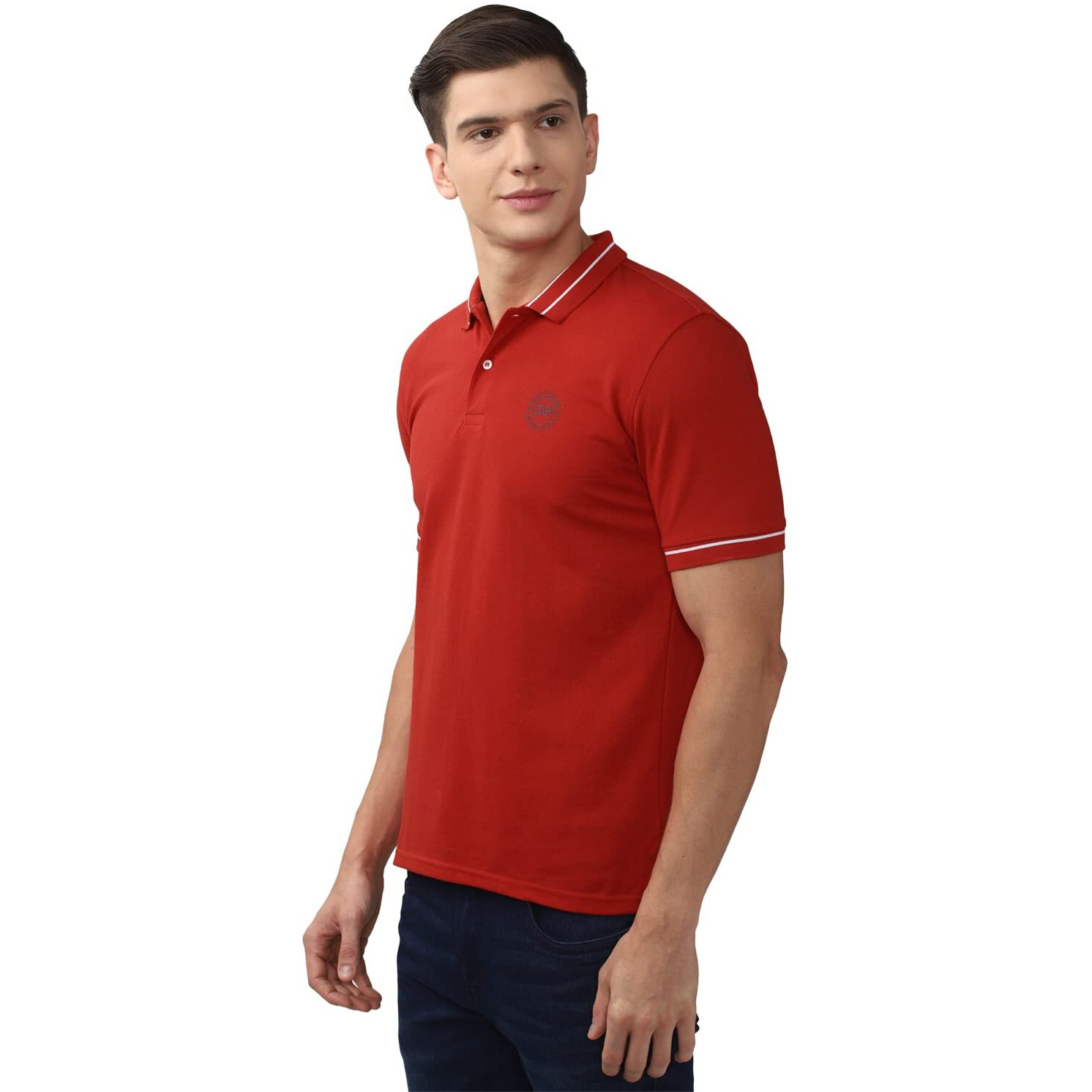 Peter England Men's Regular Fit Branded Insignia Half Sleeve Polo T-Shirt | Cotton Rich | Premium Pique Weave Red