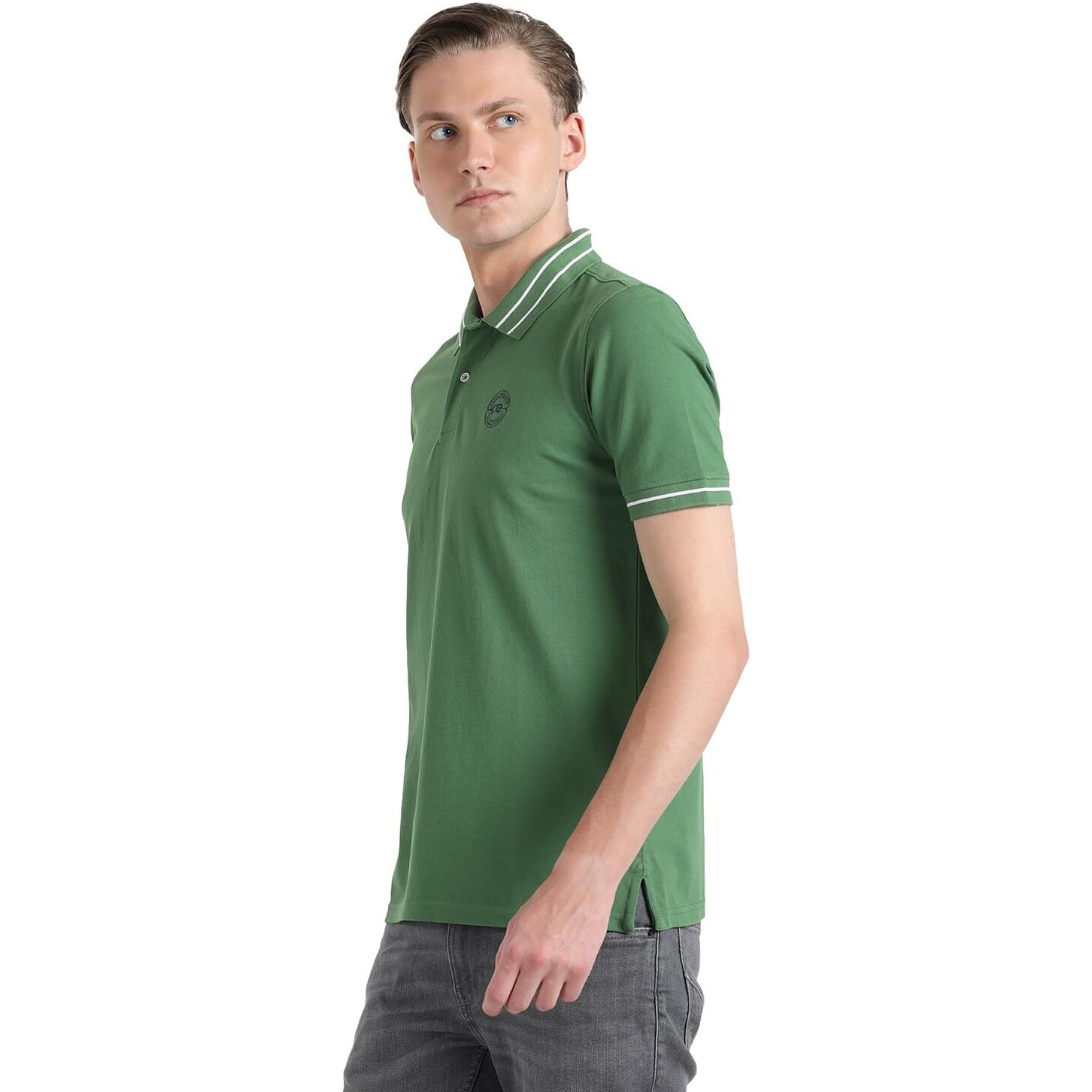 Peter England Men's Regular Fit Branded Insignia Half Sleeve Polo T-Shirt | Cotton Rich | Premium Pique Weave Forest Green