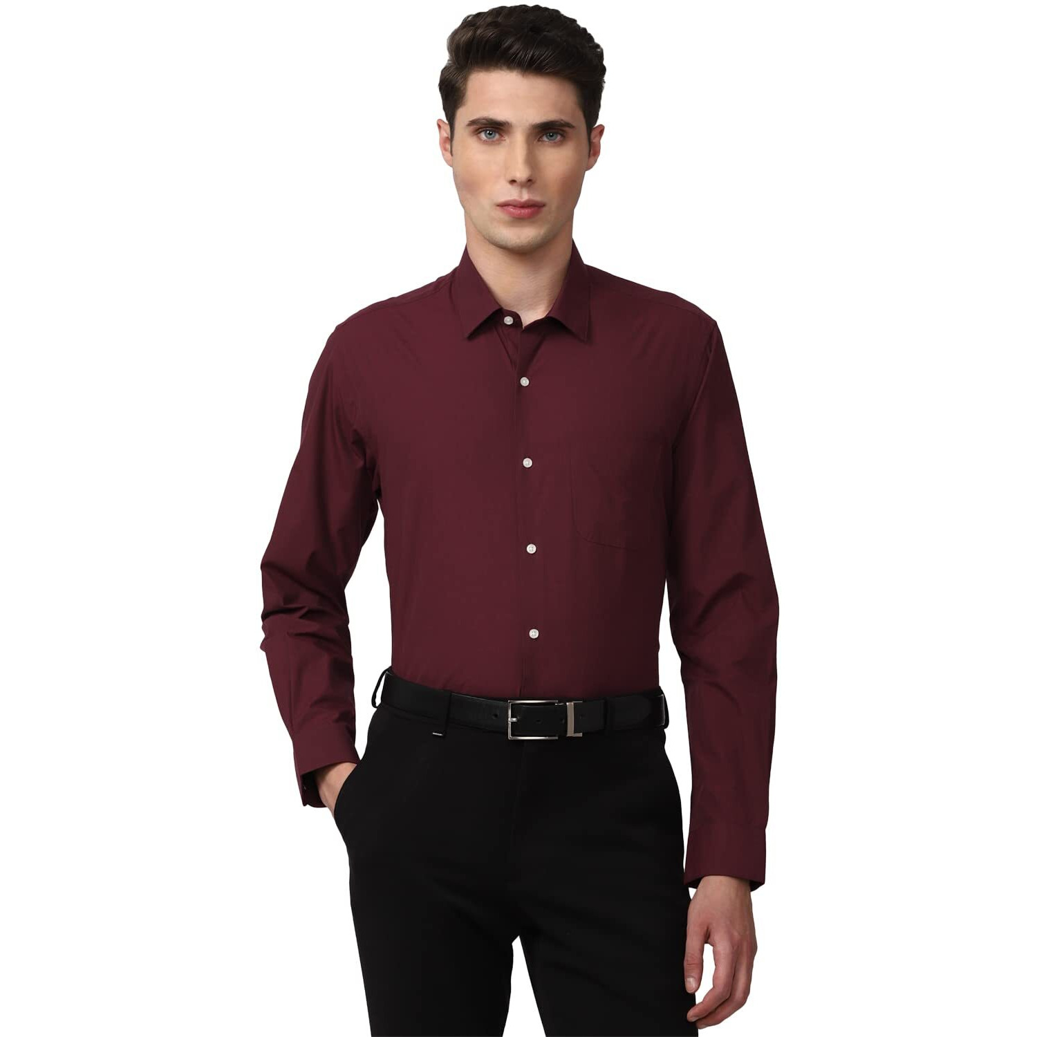Peter England Men's Everday Regular Fit Solid Shirt | Cotton Rich | 5-Pin Pocketing