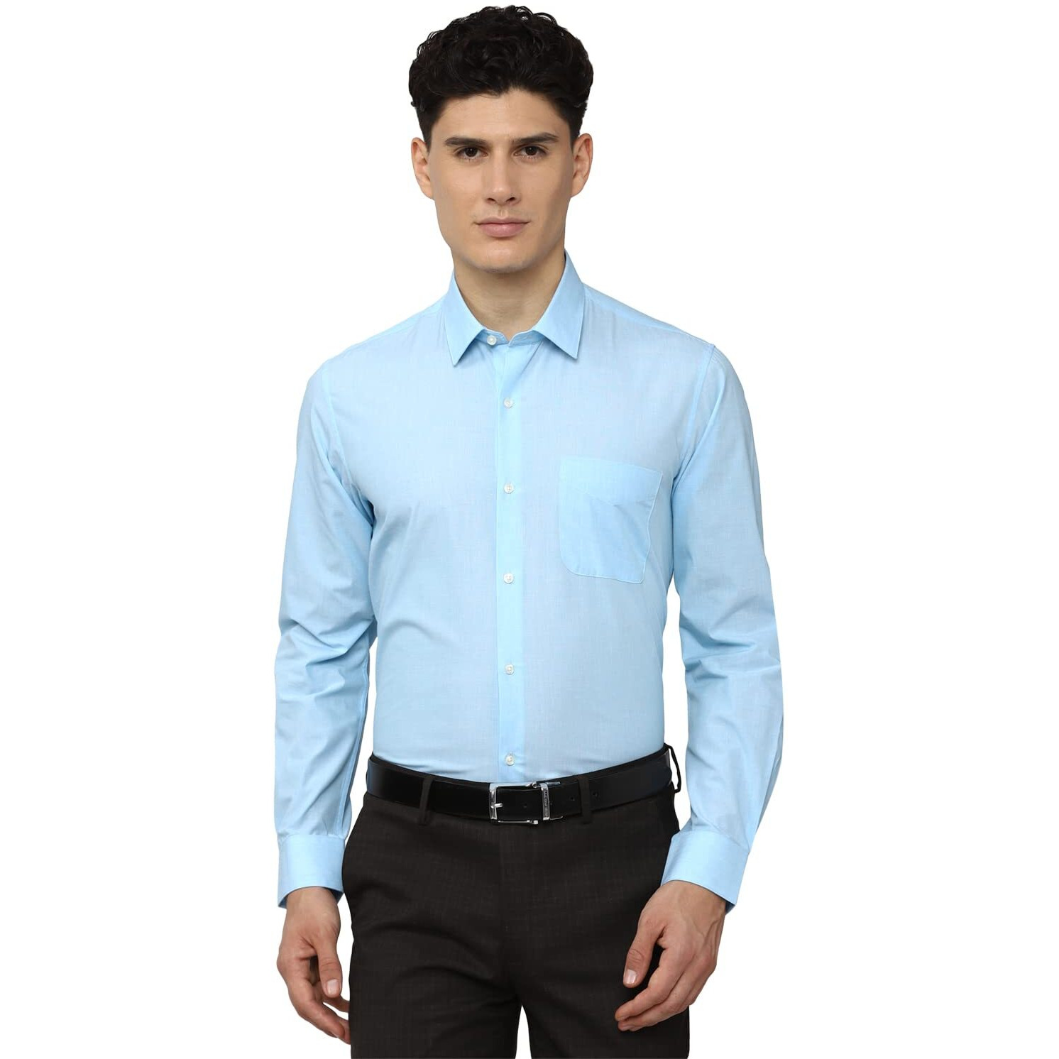Peter England Men's Everday Regular Fit Solid Shirt | Cotton Rich | 5-Pin Pocketing Light Blue