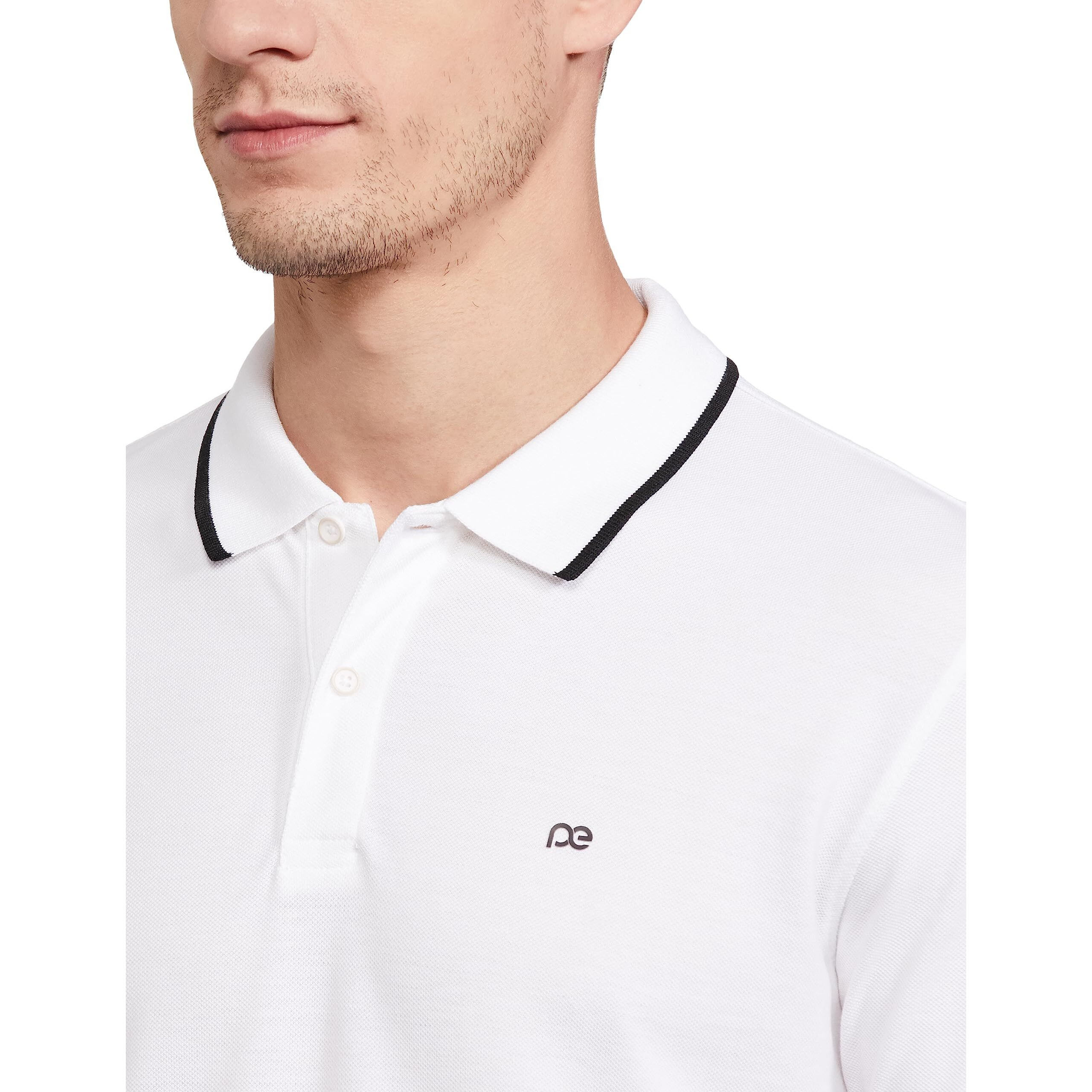 Peter England Men's Snug Fit Solid Polo T-Shirt with Coloured Collar Tipping| Cotton Rich| Premium Pique Weave White
