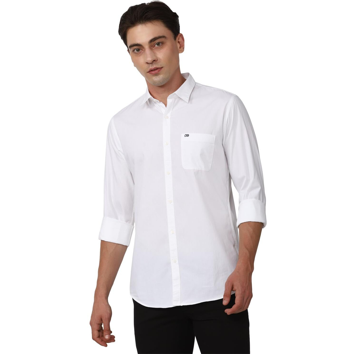 Peter England Men's Slim Fit Full Sleeve Cotton Solid Casual Shirt with Pocket White
