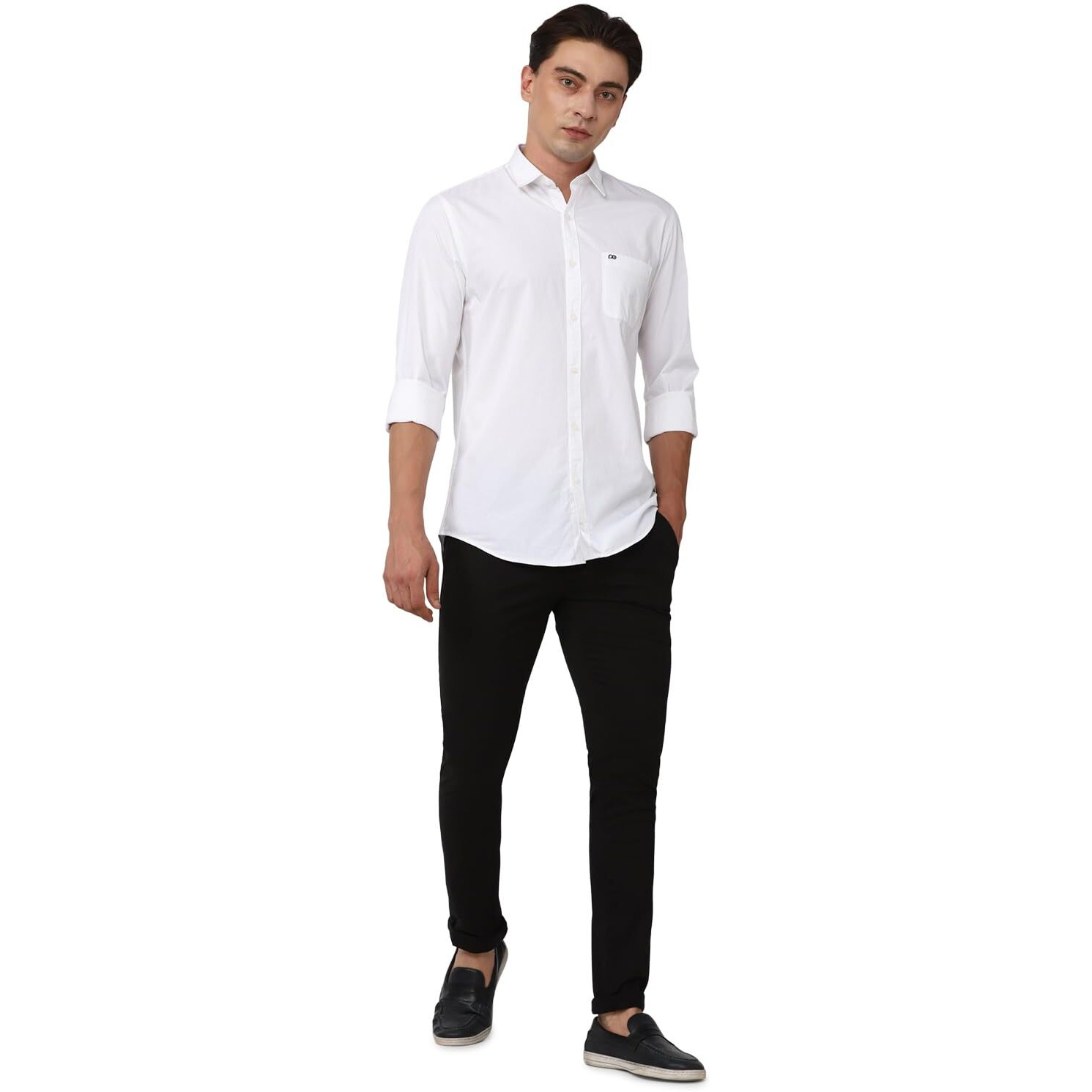 Peter England Men's Slim Fit Full Sleeve Cotton Solid Casual Shirt with Pocket White