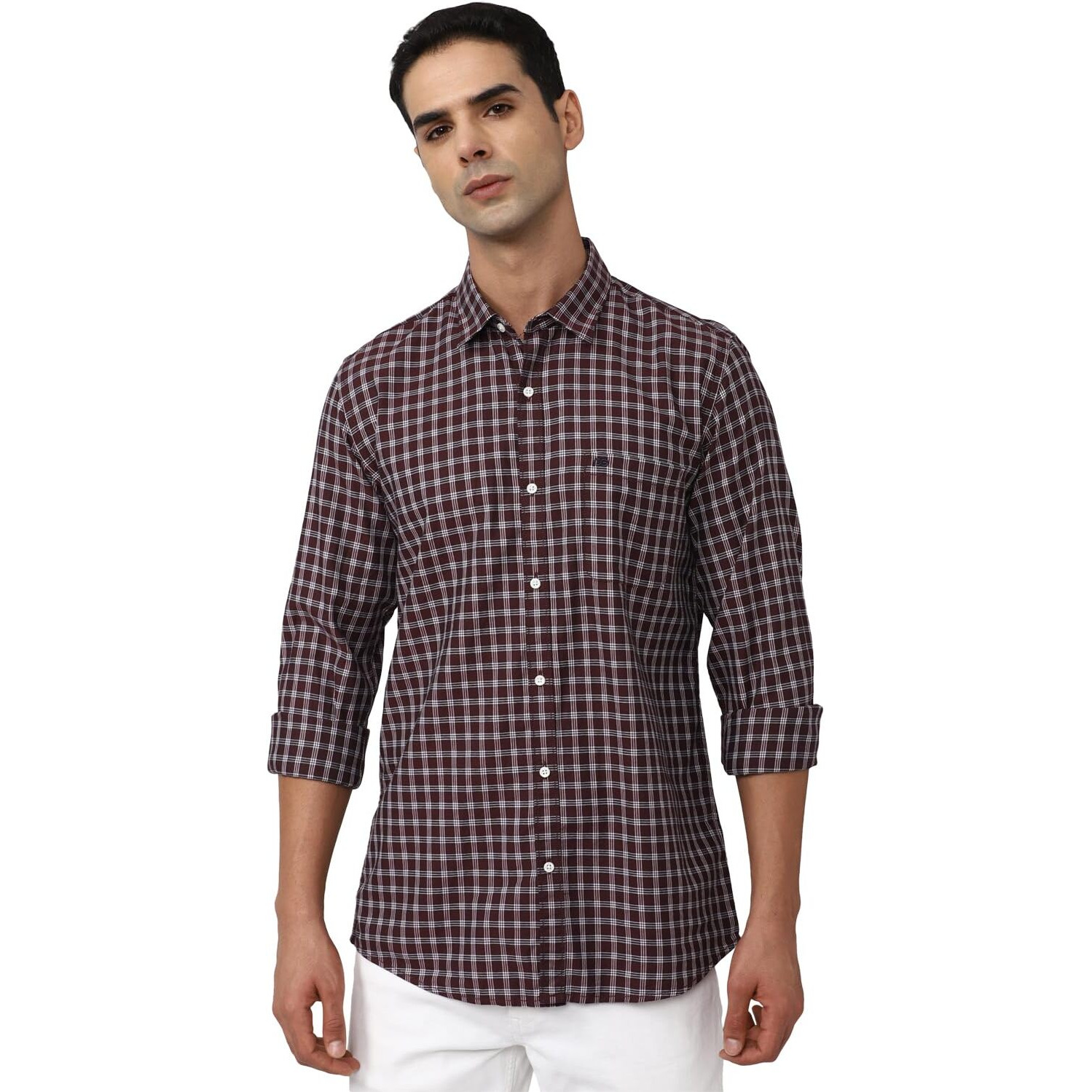 Peter England Men's Slim Fit Full Sleeve Checkered Casual Shirt | 100% Cotton | Premium Twill Weave Chocolate