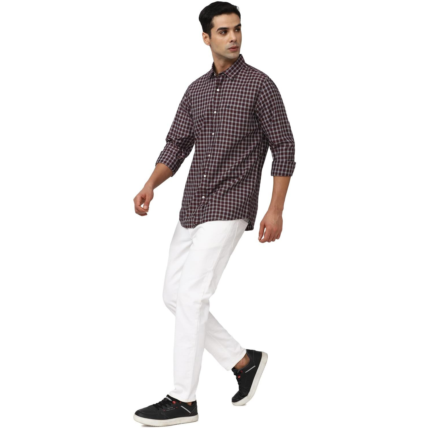 Peter England Men's Slim Fit Full Sleeve Checkered Casual Shirt | 100% Cotton | Premium Twill Weave Chocolate