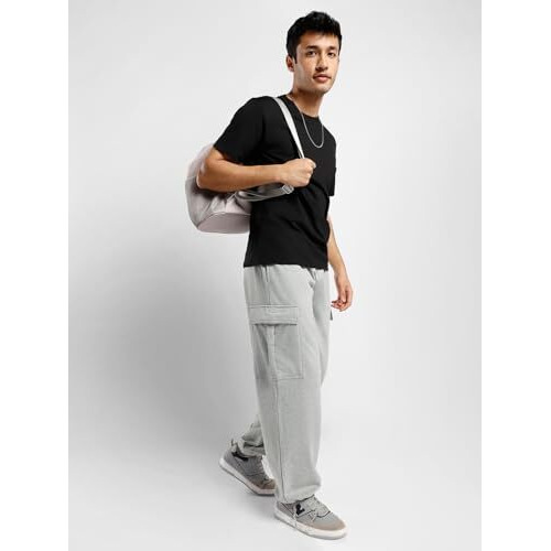 NOBERO Men's Grey Onyx Mid-Waist Straight Fit Cotton Elasticated Joggers with Utility Box Pockets,Grey,Men-L