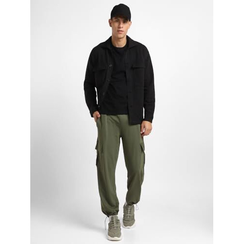 NOBERO Men's Oversized Olive Cargo Joggers, Oversized Olive Jogger-L