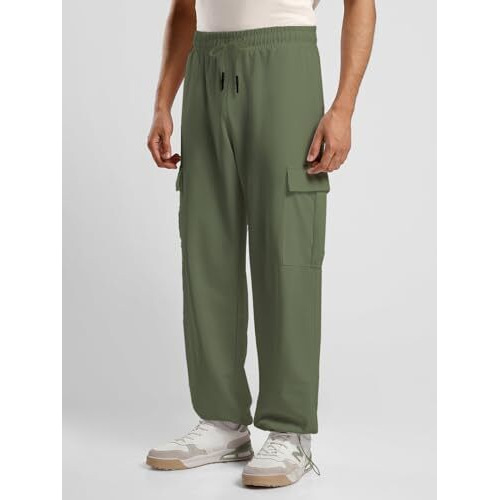 NOBERO Men's Oversized Olive Cargo Joggers, Oversized Olive Jogger-L