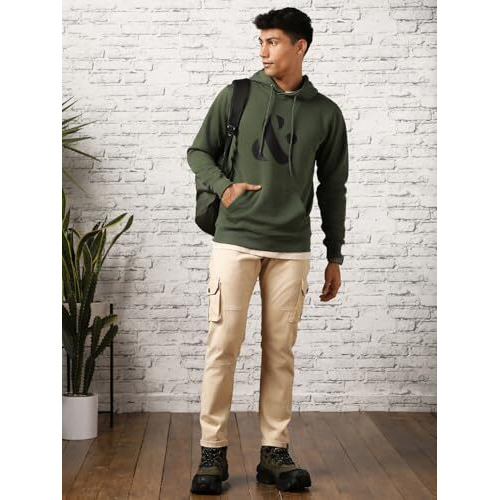 NOBERO Men's Cotton Blend Neck Regular Fit Hooded Sweatshirt (1M-TWHO-C0890_Olive Green (Large)