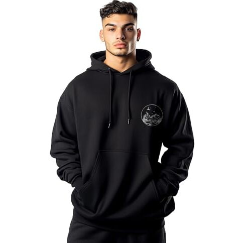 NOBERO Men's Cotton Neck Hooded Oversized Fit Sweatshirt (1M-TWRH-C0688_Black_Large)