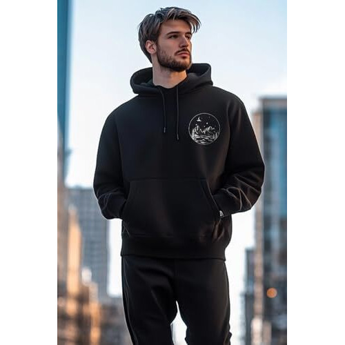 NOBERO Men's Cotton Neck Hooded Oversized Fit Sweatshirt (1M-TWRH-C0688_Black_Large)