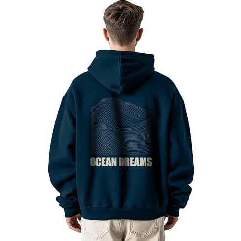 NOBERO Men's Cotton Neck Hooded Oversized Fit Sweatshirt (1M-TWRH-C0737_Navy Blue 2_Large)