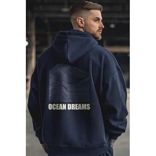 NOBERO Men's Cotton Neck Hooded Oversized Fit Sweatshirt (1M-TWRH-C0737_Navy Blue 2_Large)