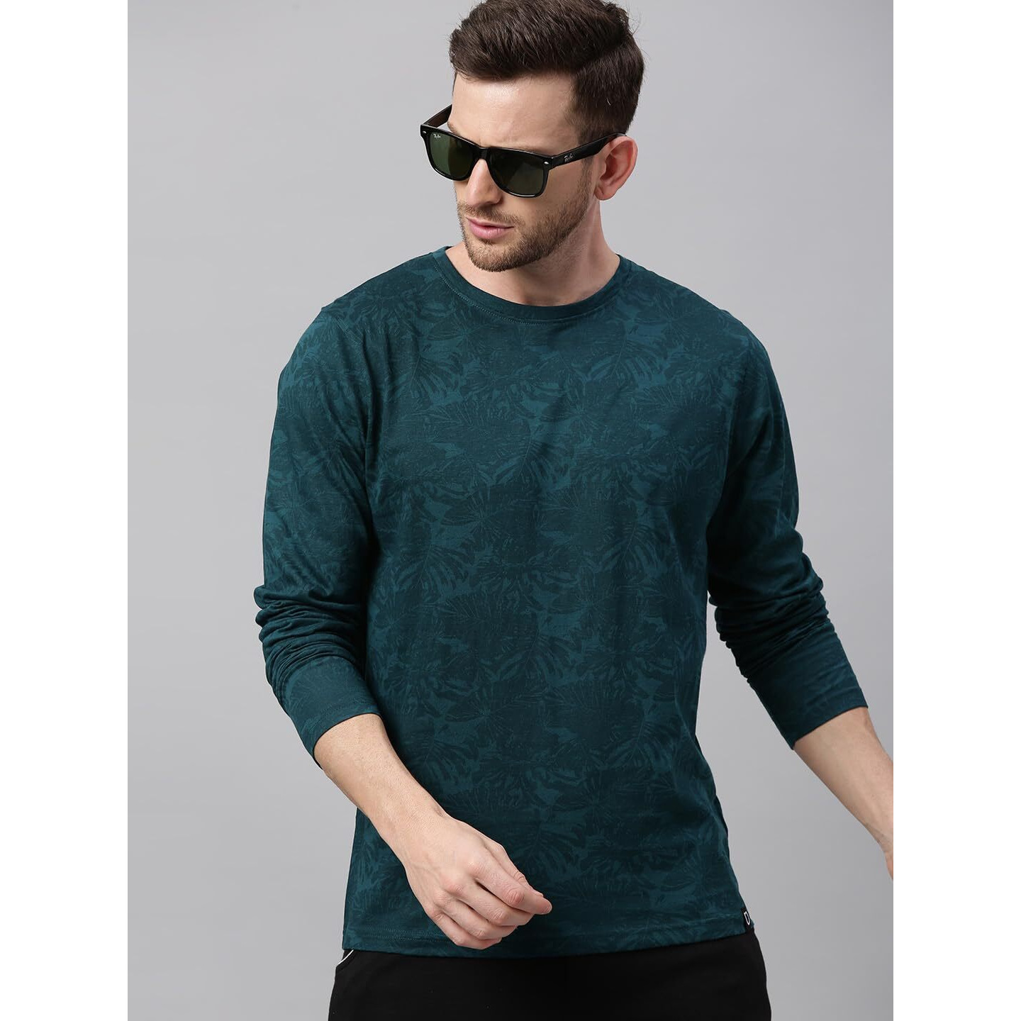Urbano Fashion Men's Dark Green Printed Full Sleeve Slim Fit T-Shirt (aopleaffull-drgreen-l)