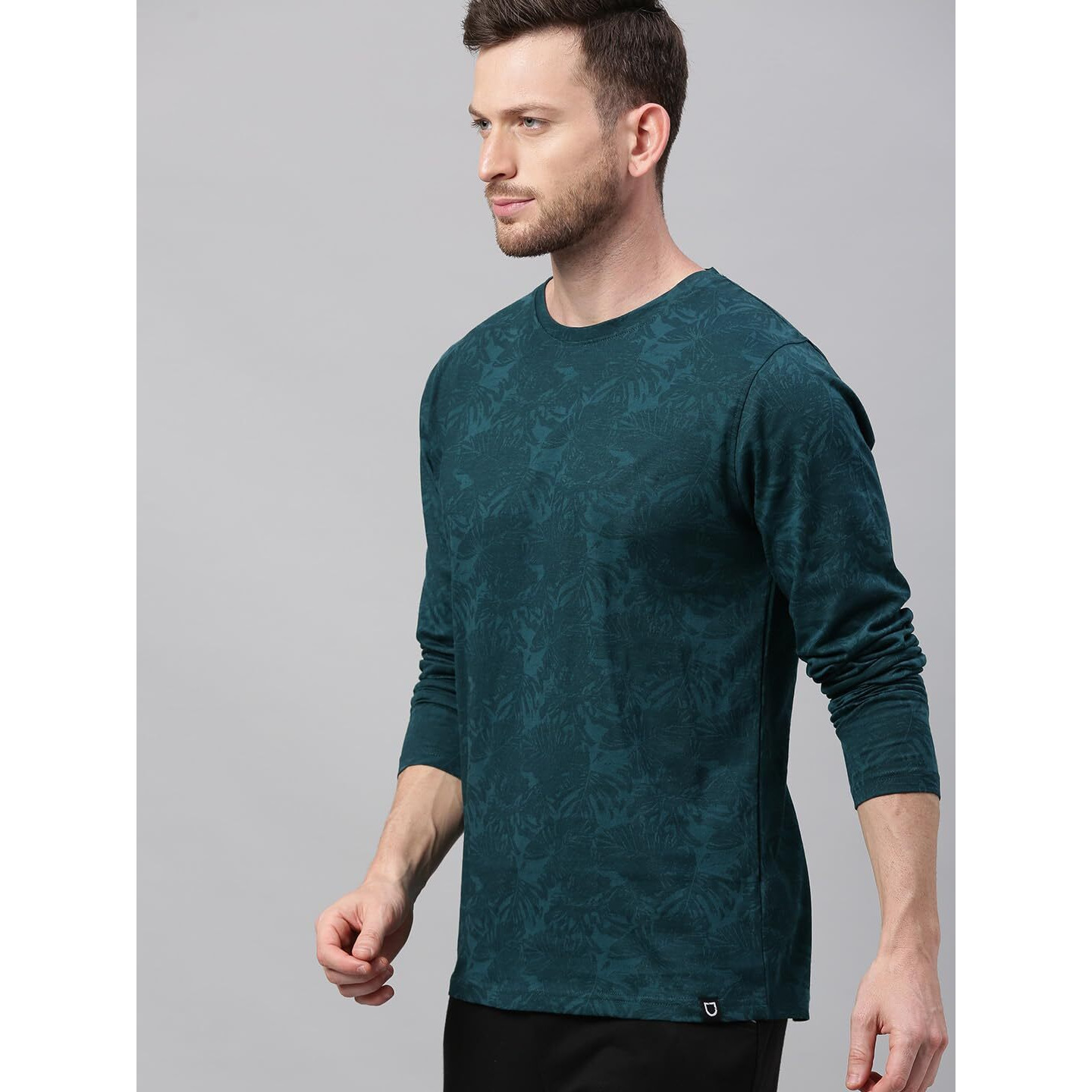 Urbano Fashion Men's Dark Green Printed Full Sleeve Slim Fit T-Shirt (aopleaffull-drgreen-l)