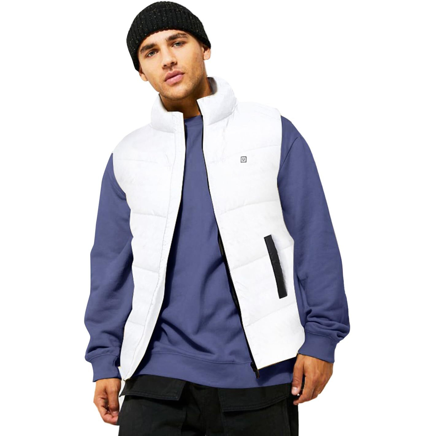 Urbano Fashion Men's White Sleeveless Zippered Puffer Jacket (jakt-puff-slvless-white-m)